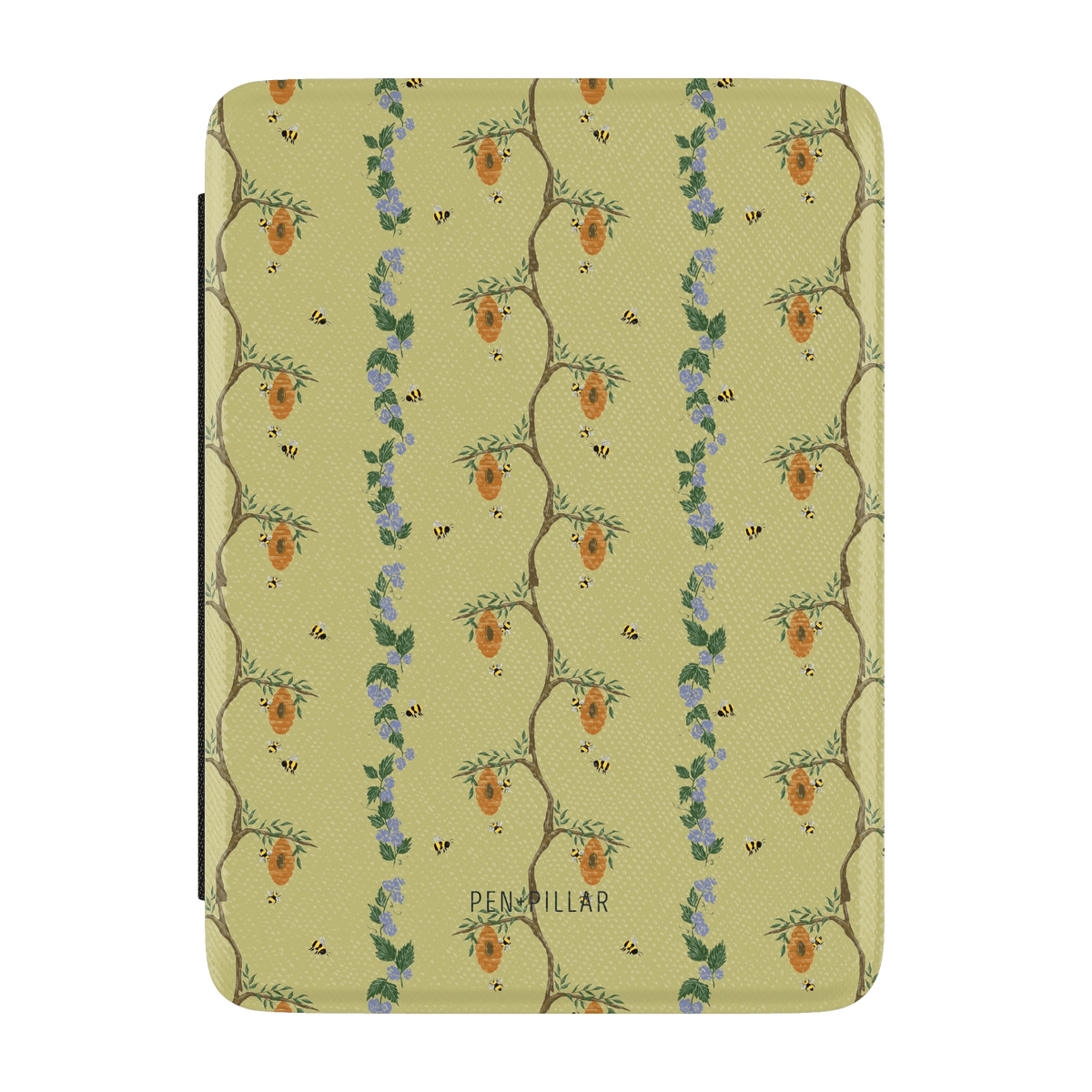 Green Beehive Kindle Case with a pattern of beehives on branches, blue flowers, and bees. PEN + PILLAR is printed on the f...