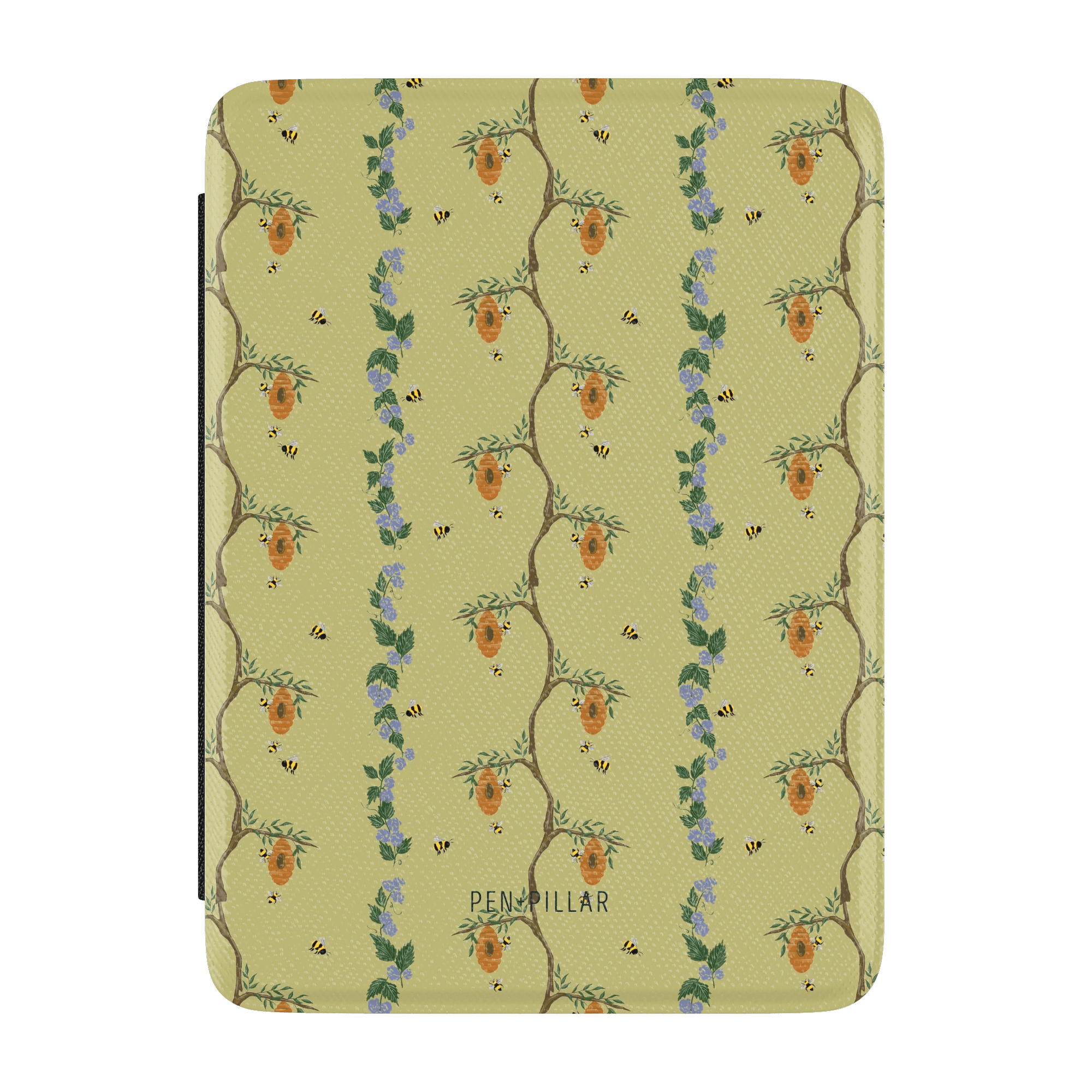 Green Beehive Kindle Case with a pattern of beehives on branches, blue flowers, and bees. PEN + PILLAR is printed on the f...