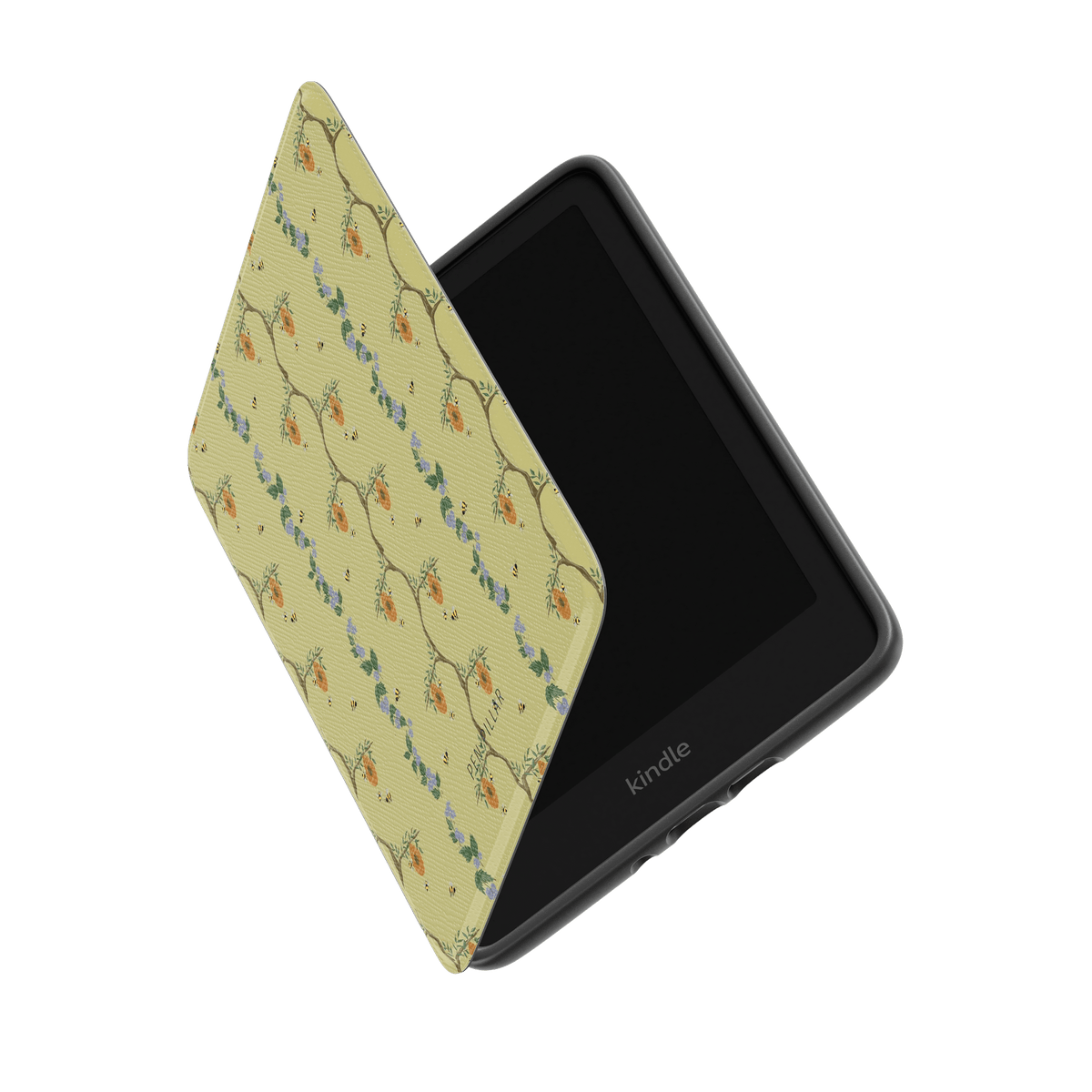 Yellow Kindle case with a floral and bee pattern on the cover, angled to show the black device and kindle logo.