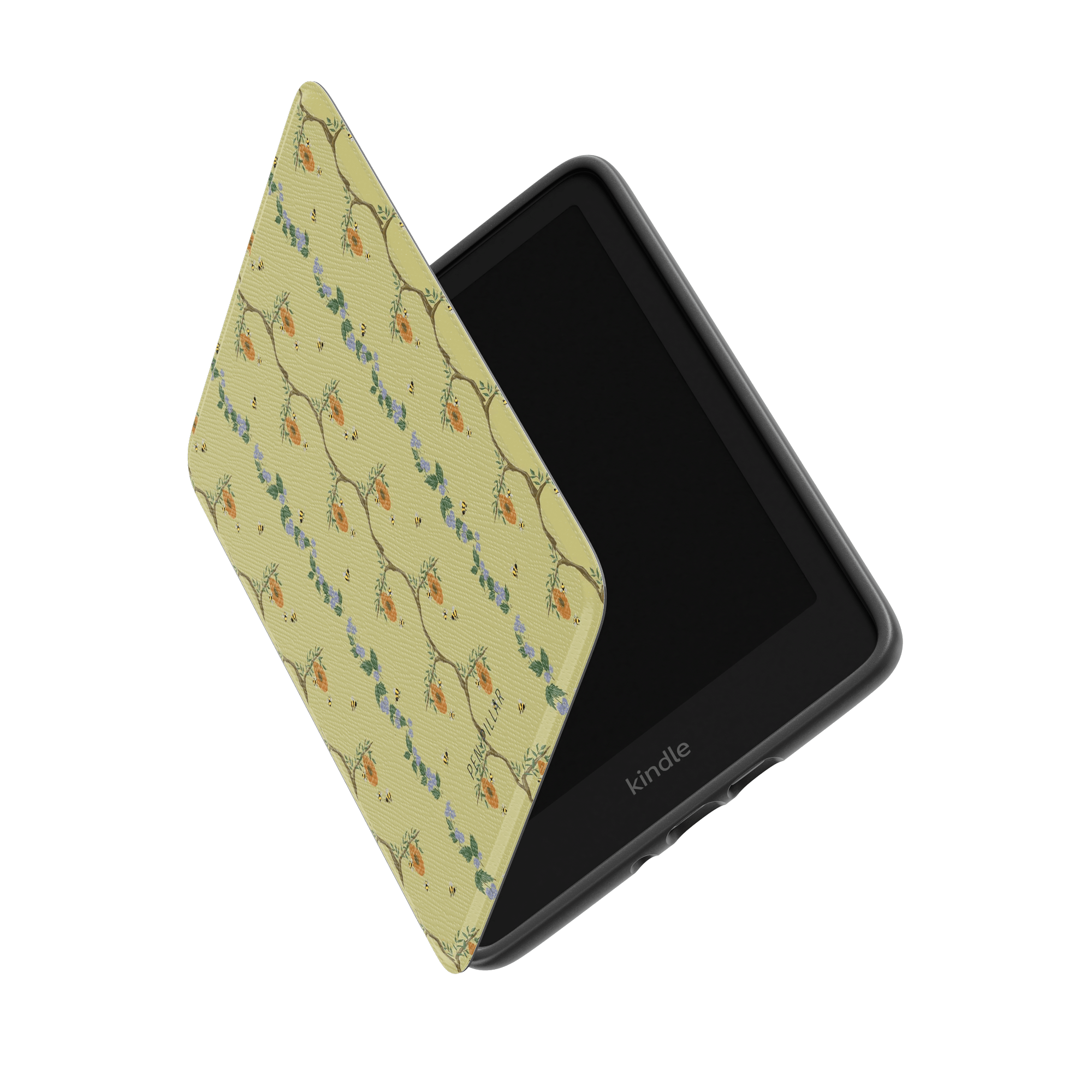Yellow Kindle case with a floral and bee pattern on the cover, angled to show the black device and kindle logo.