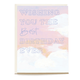 Best Birthday Ever card with pastel clouds and text in blue on a soft pink background.