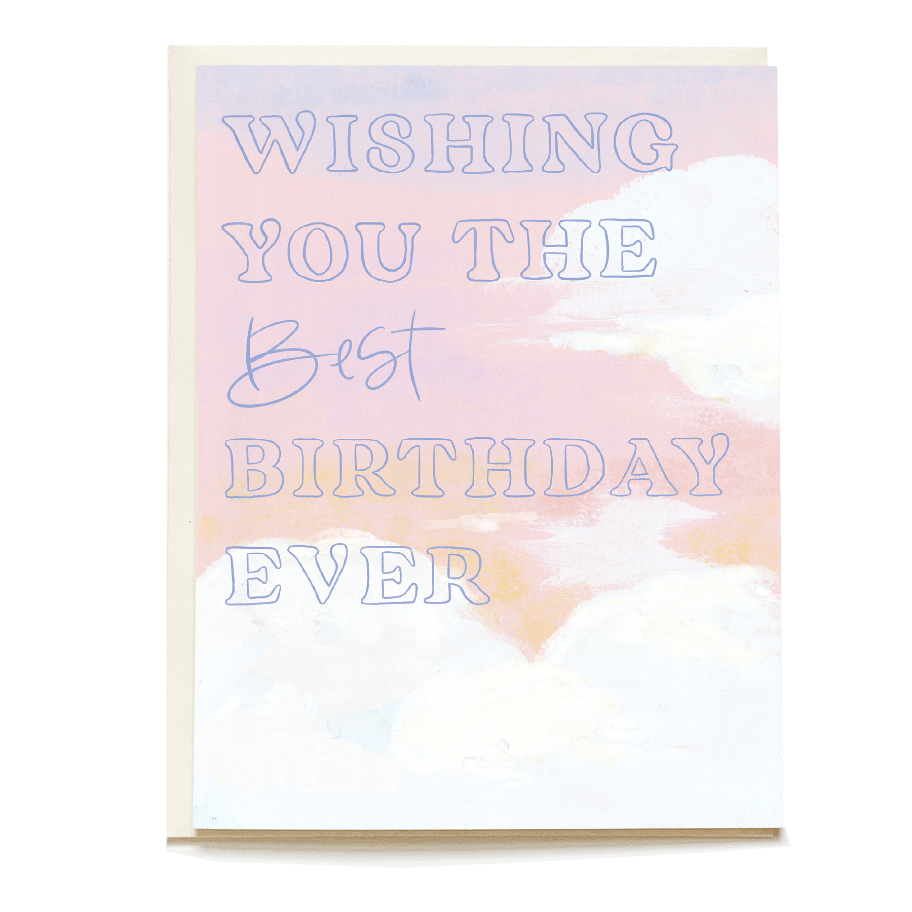 Best Birthday Ever card with pastel clouds and text in blue on a soft pink background.