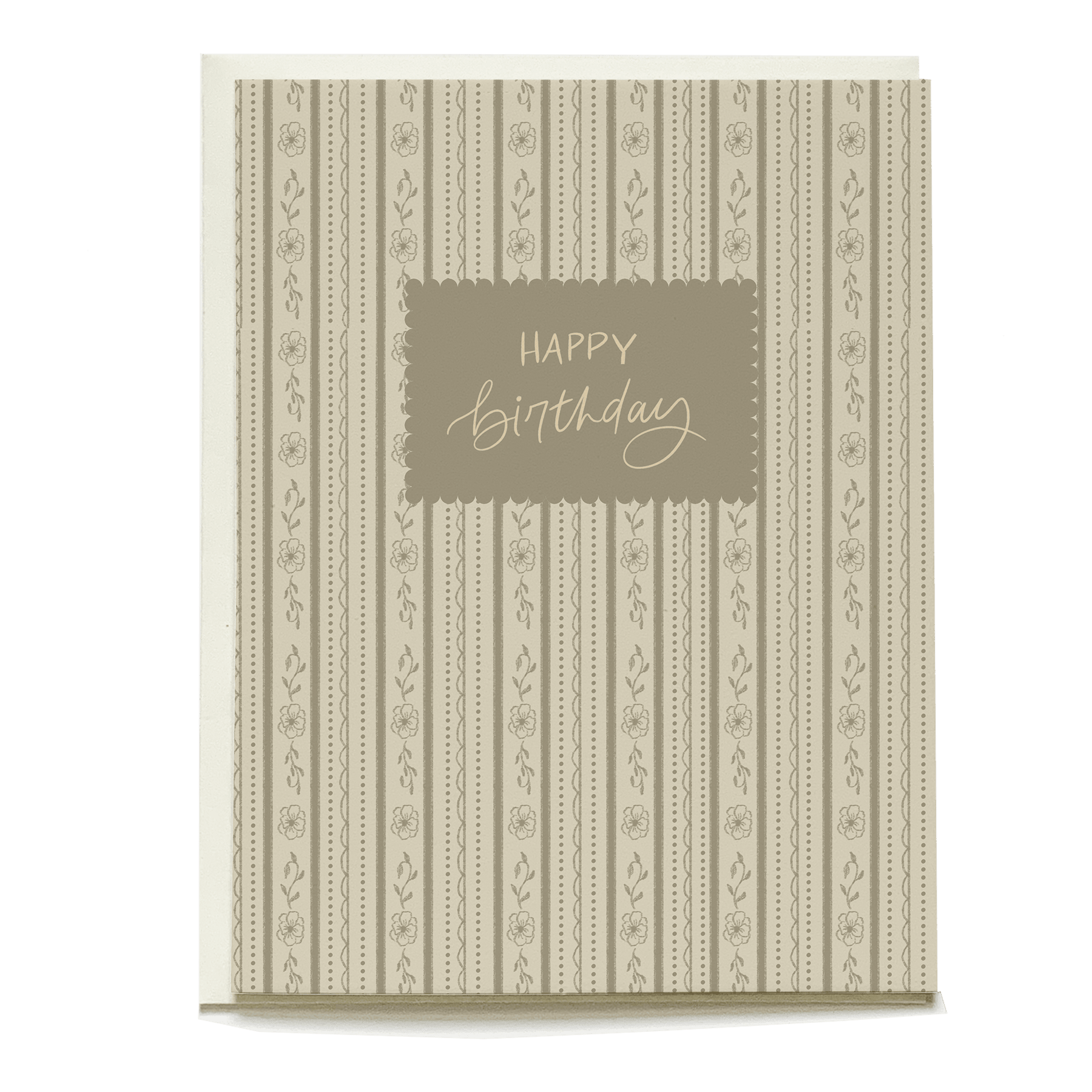 Cream birthday card with vertical stripes and floral patterns, featuring a central "Happy Birthday" message in gold.