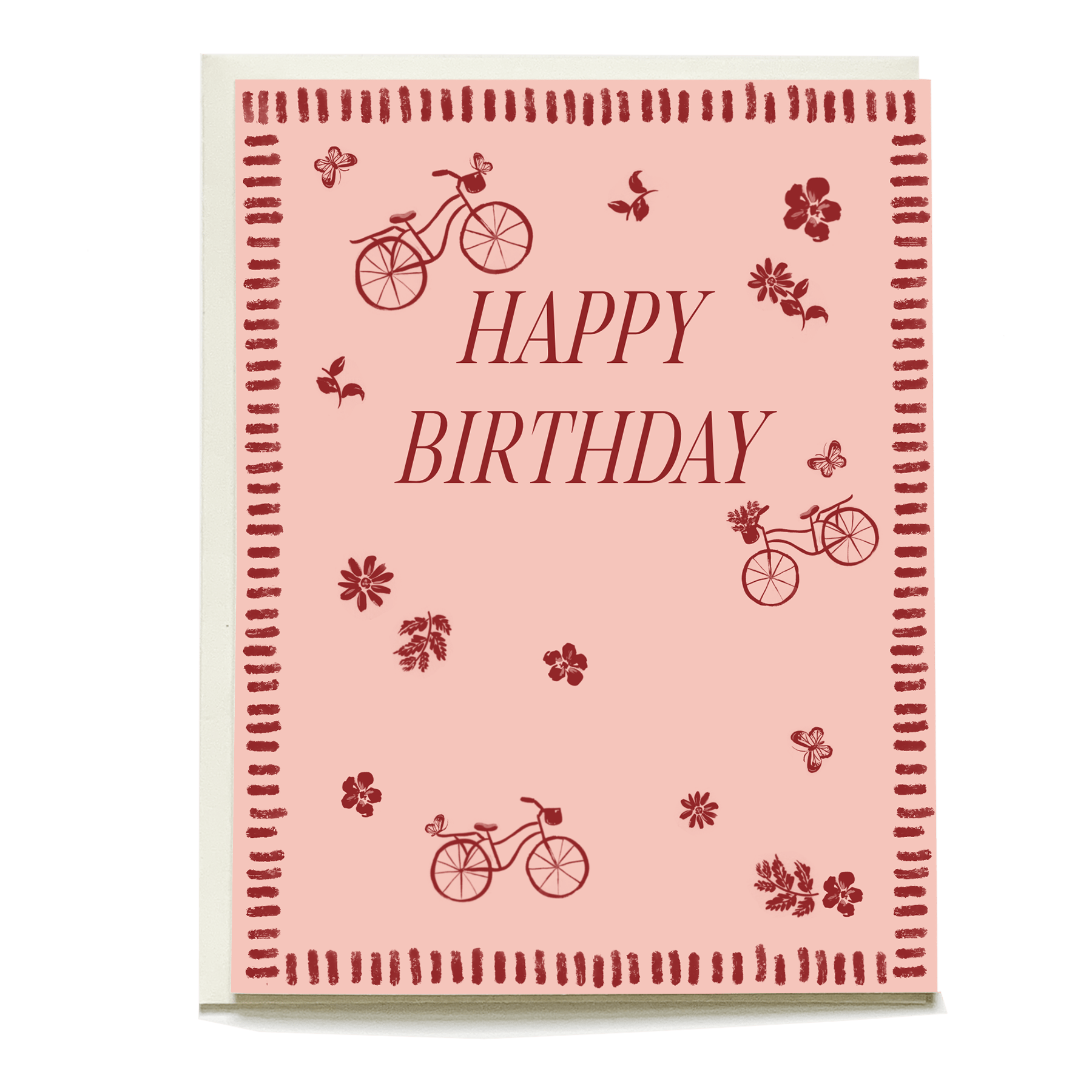 Bike ride birthday card featuring pink background, red bicycles, flowers, and "Happy Birthday" text in bold.