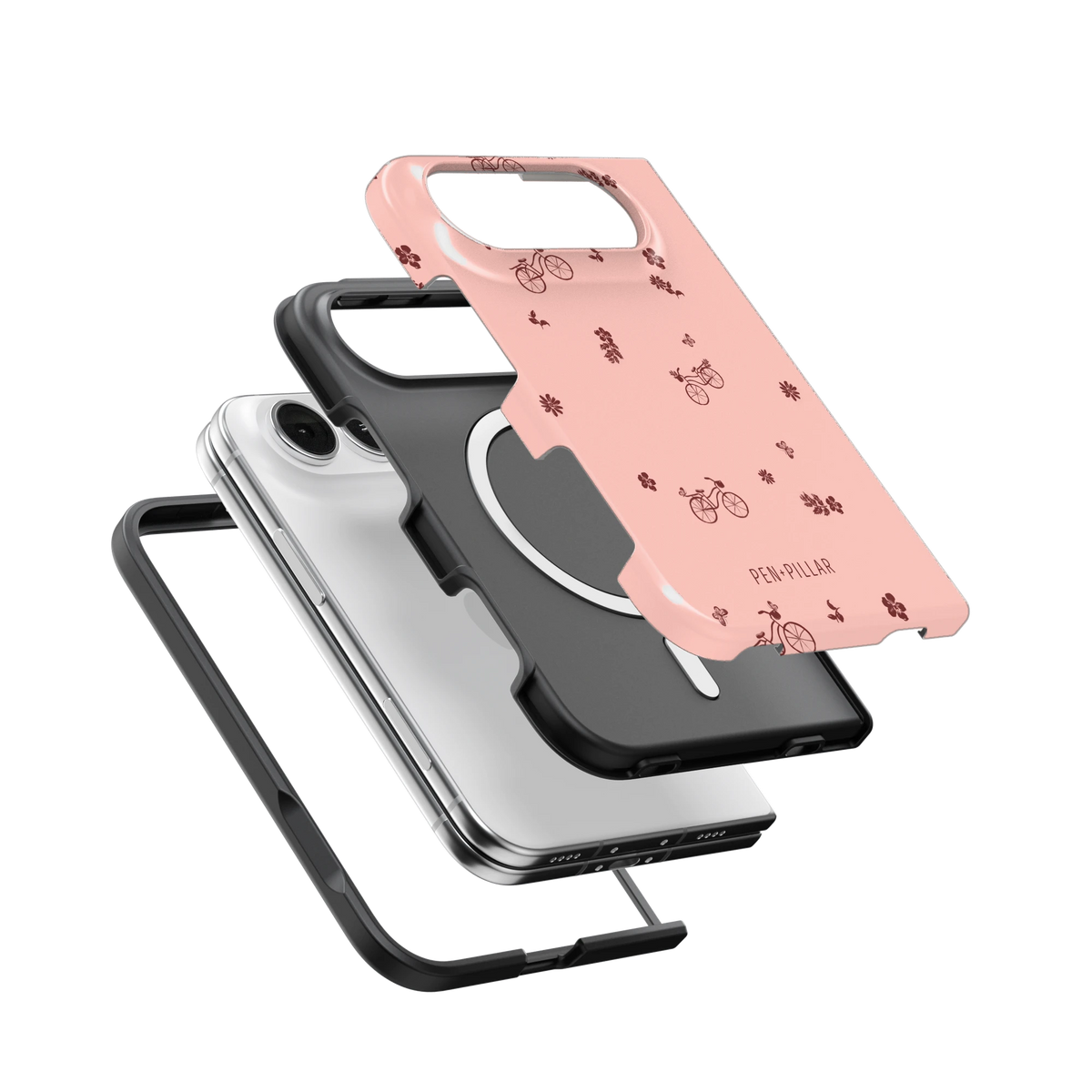 Bike Ride iPhone 18 Duo case, exploded view of the printed shell, black inner layer with MagSafe ring, and phone