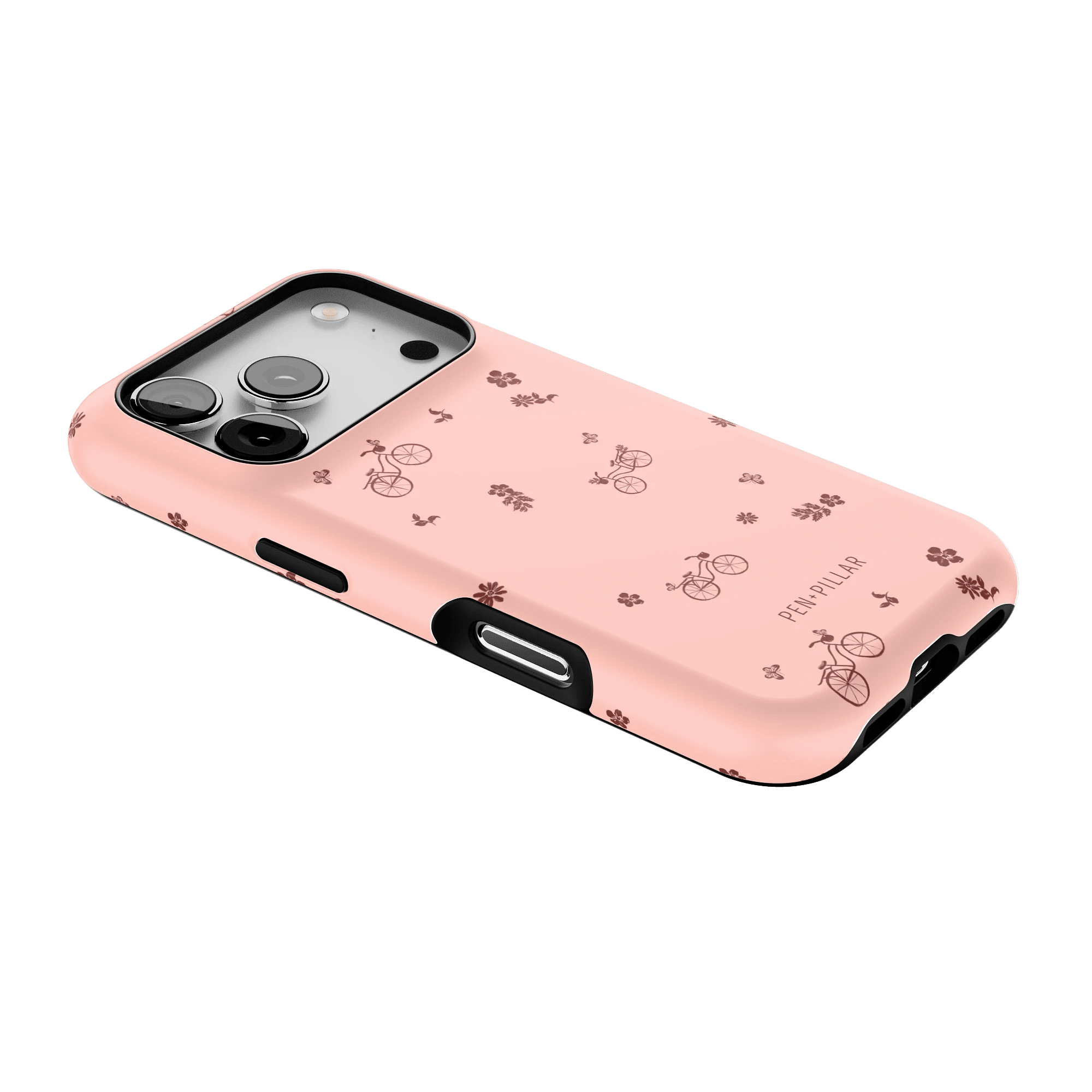 Bike Ride iPhone case in pink with bicycle and flower patterns, showcasing a side view and camera cutout.