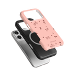 Bike Ride iPhone case featuring a pink design with bicycle illustrations, layered over black and clear cases.
