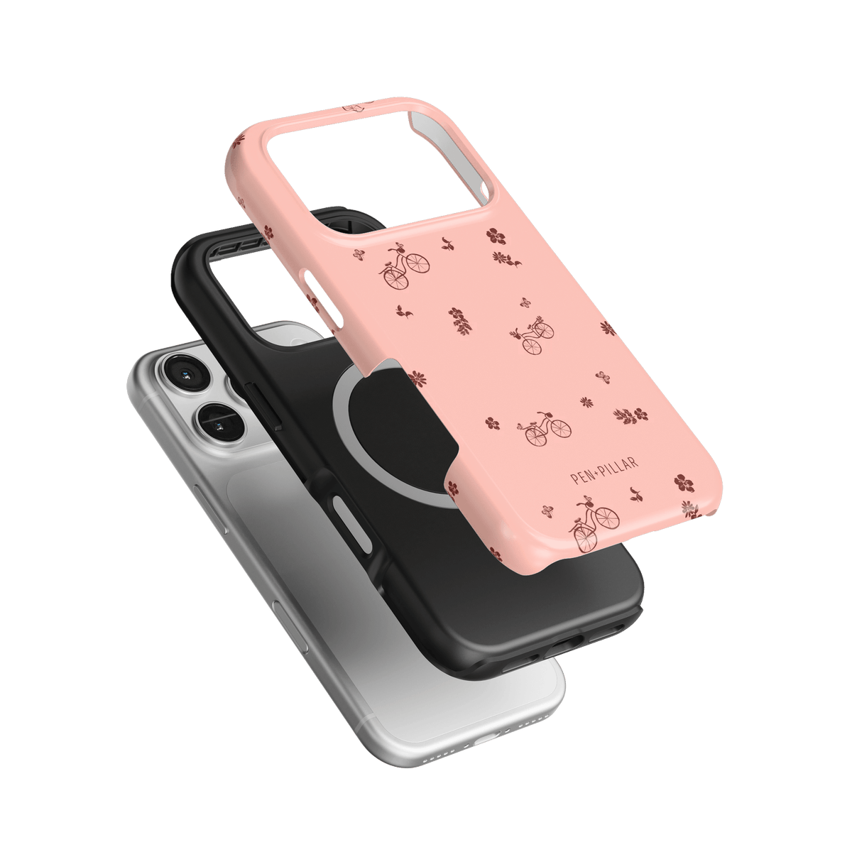 Bike Ride iPhone case featuring a pink design with bicycle illustrations, layered over black and clear cases.