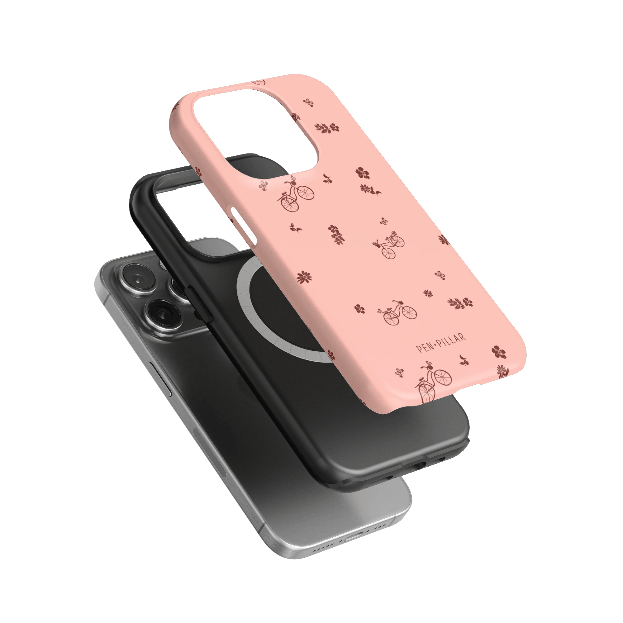 Bike Ride iPhone case featuring a pink design with bicycle illustrations and floral accents, layered over a black case.