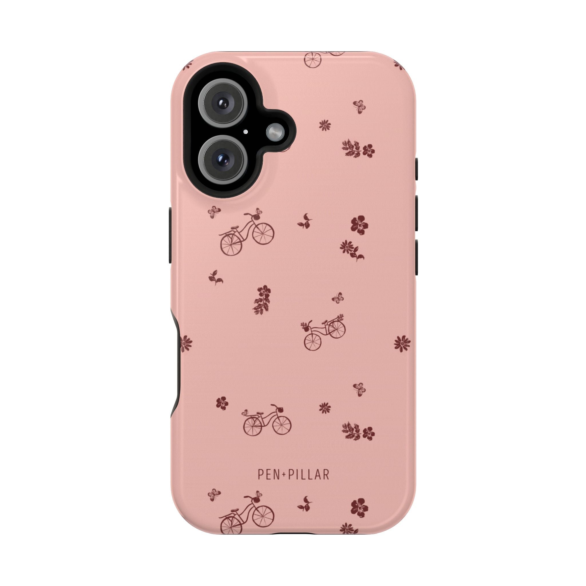 Bike Ride iPhone case featuring a pink background with bicycle and floral patterns in dark red.