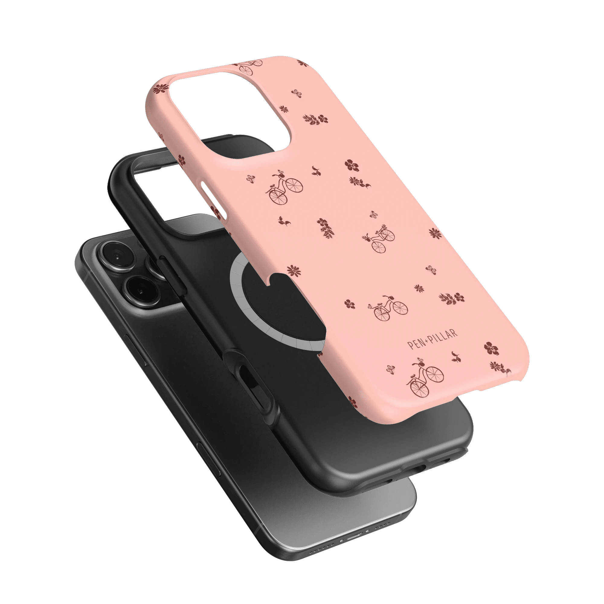 Bike Ride iPhone case featuring a pink design with bicycle and flower patterns, stacked on a black phone case.