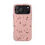 Bike Ride iPhone case featuring a pink background with bicycle and flower illustrations.