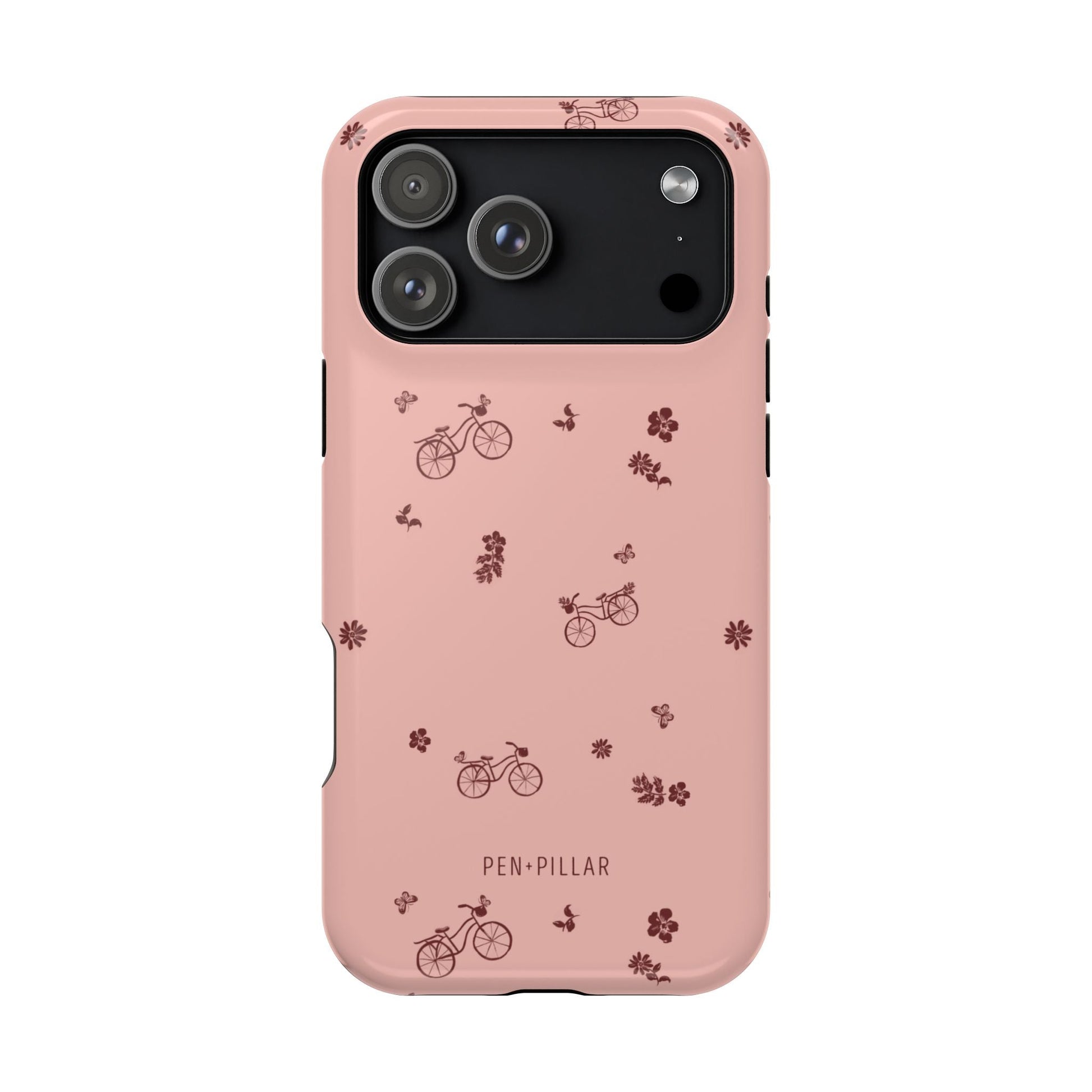 Bike Ride iPhone case featuring a pink background with bicycle and flower illustrations.