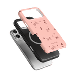 Bike Ride iPhone case featuring a pink design with bicycle and flower patterns, layered over black and clear cases.