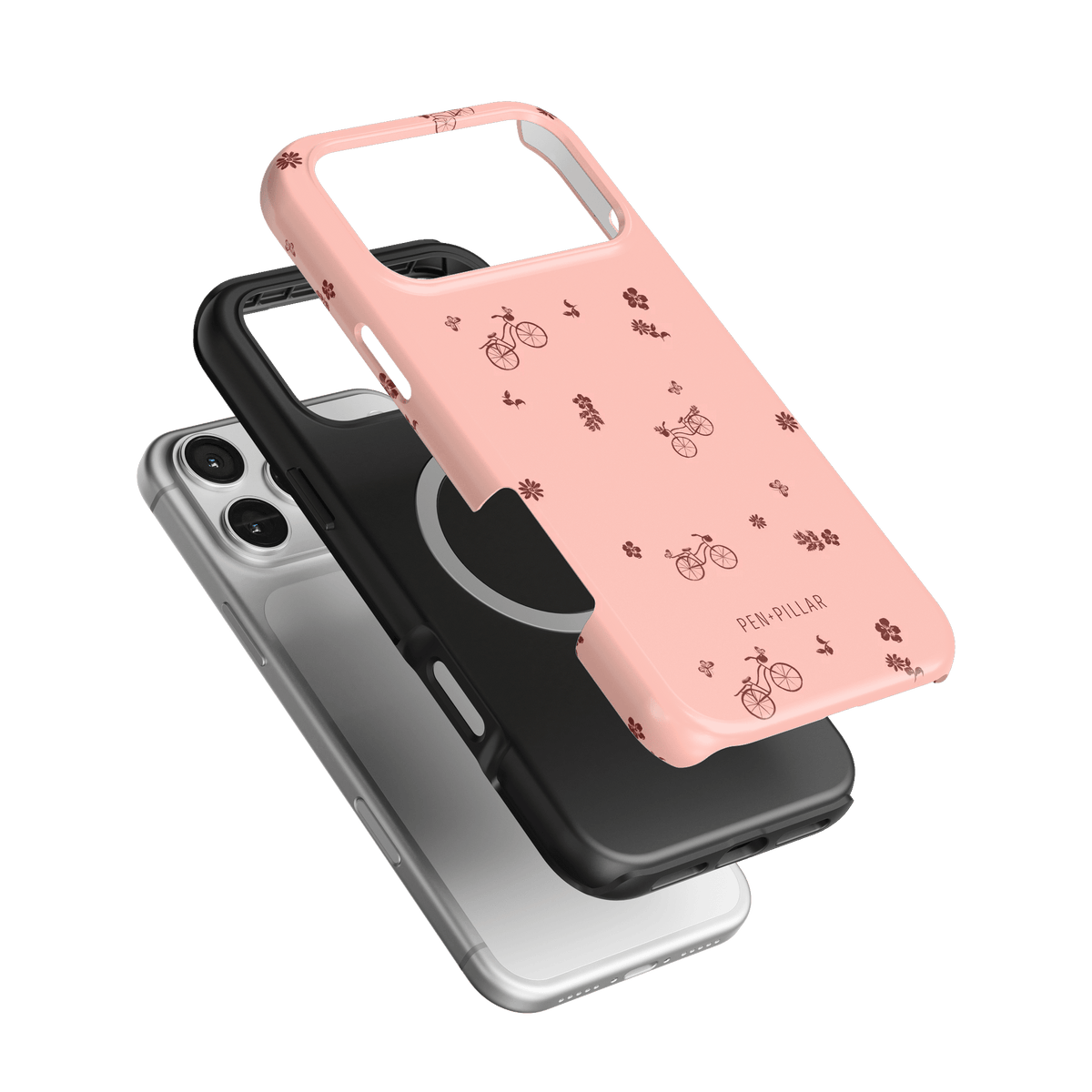Bike Ride iPhone case featuring a pink design with bicycle and flower patterns, layered over black and clear cases.