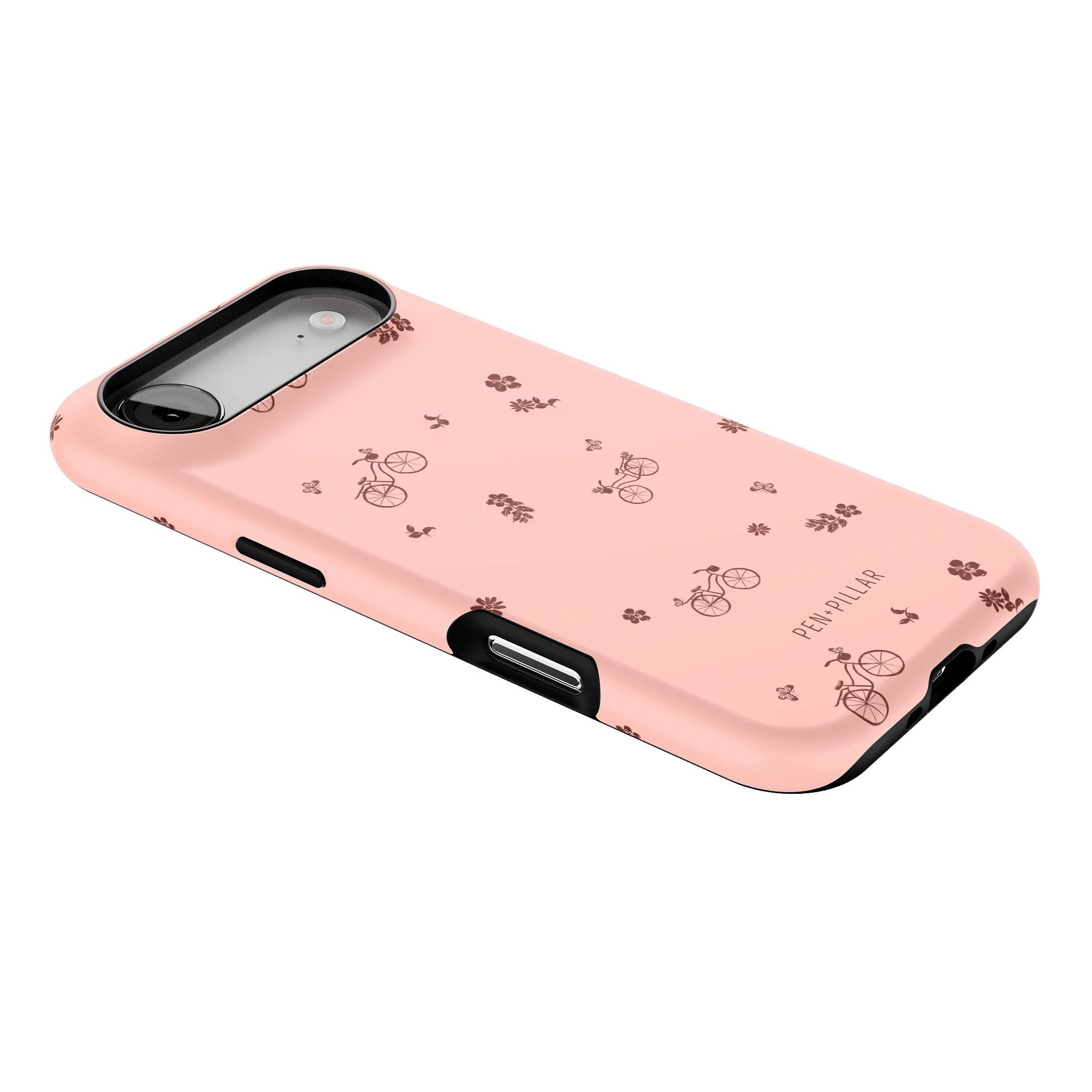 Bike Ride iPhone case featuring a pink background with bicycle and floral patterns, angled to show side and camera cutout.