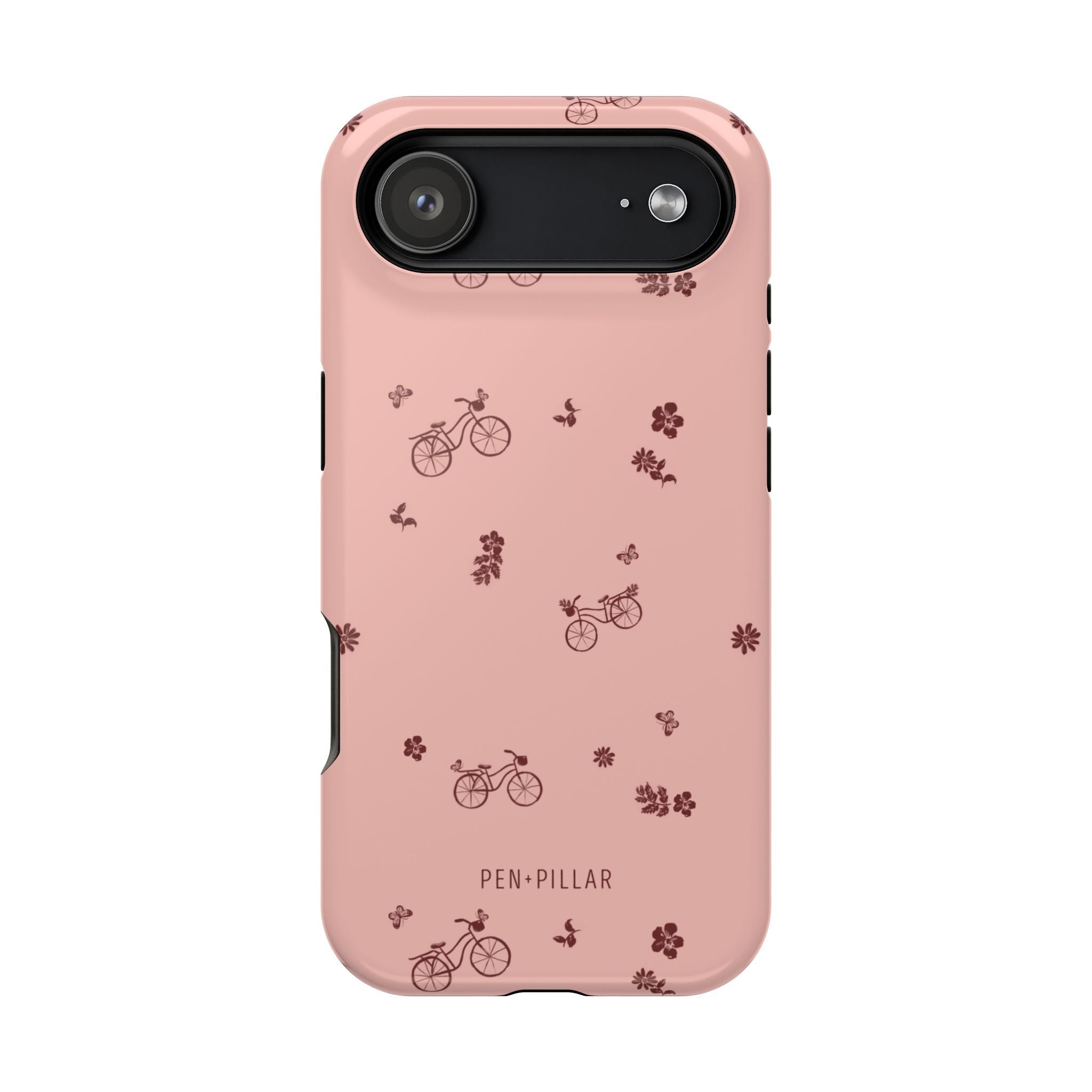 Bike Ride iPhone case featuring a pink background with bicycle and flower patterns in dark red.