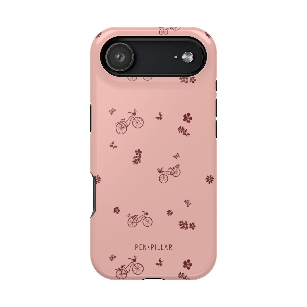 Bike Ride iPhone case featuring a pink background with bicycle and flower patterns in dark red.