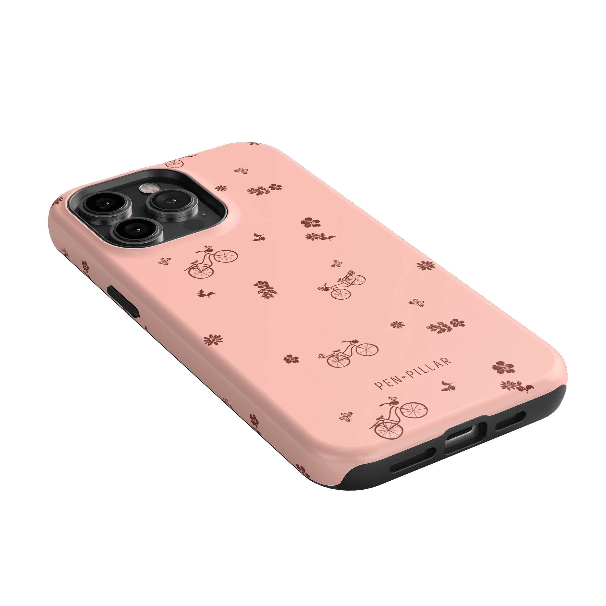 Bike Ride iPhone case in soft pink with bicycle and flower patterns, designed for iPhone models.