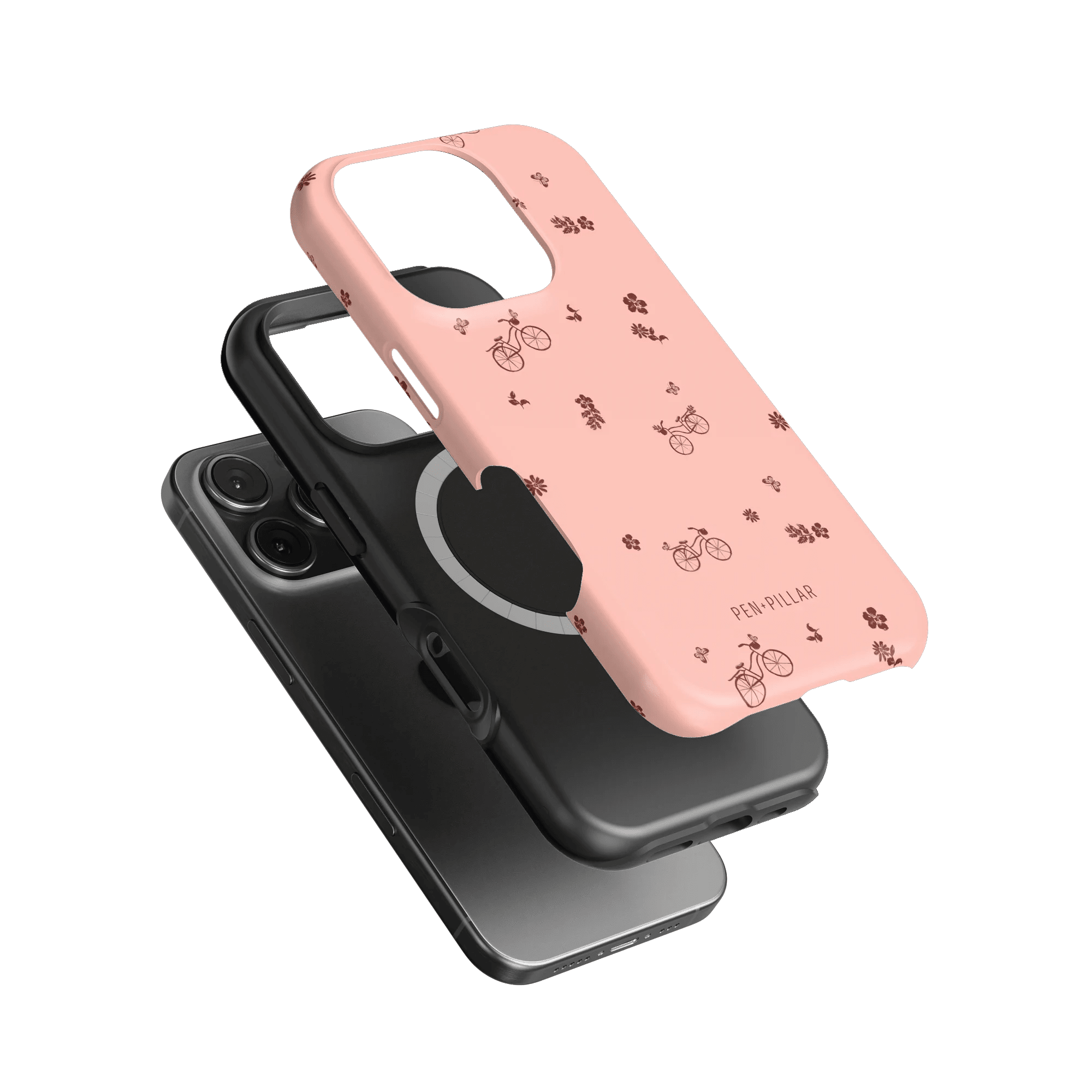 Bike Ride iPhone case featuring a pink design with bicycle illustrations and floral accents, stacked on a black case.