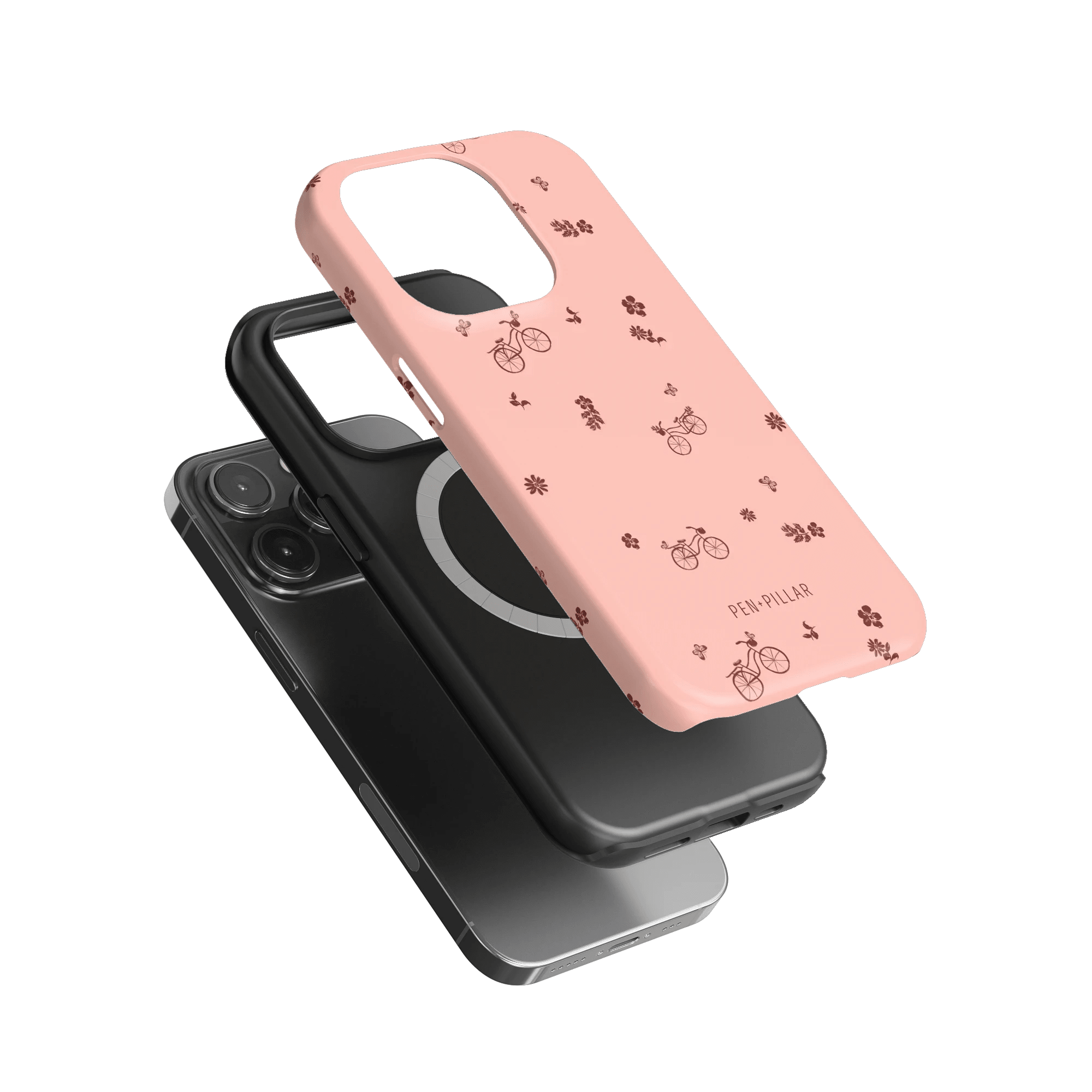 Bike Ride iPhone case featuring a pink design with bicycle graphics and floral patterns, layered over black cases.