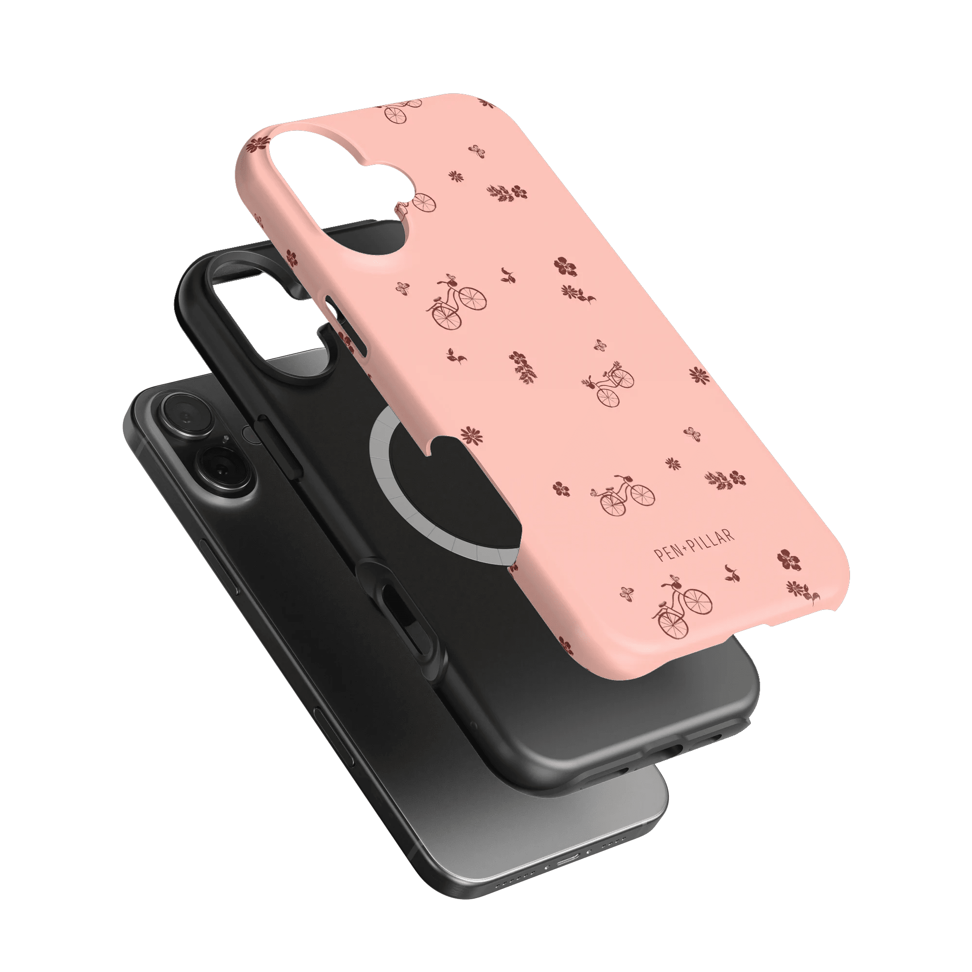 Bike Ride iPhone case featuring a pink design with bicycle and flower patterns, stacked on a black phone case.