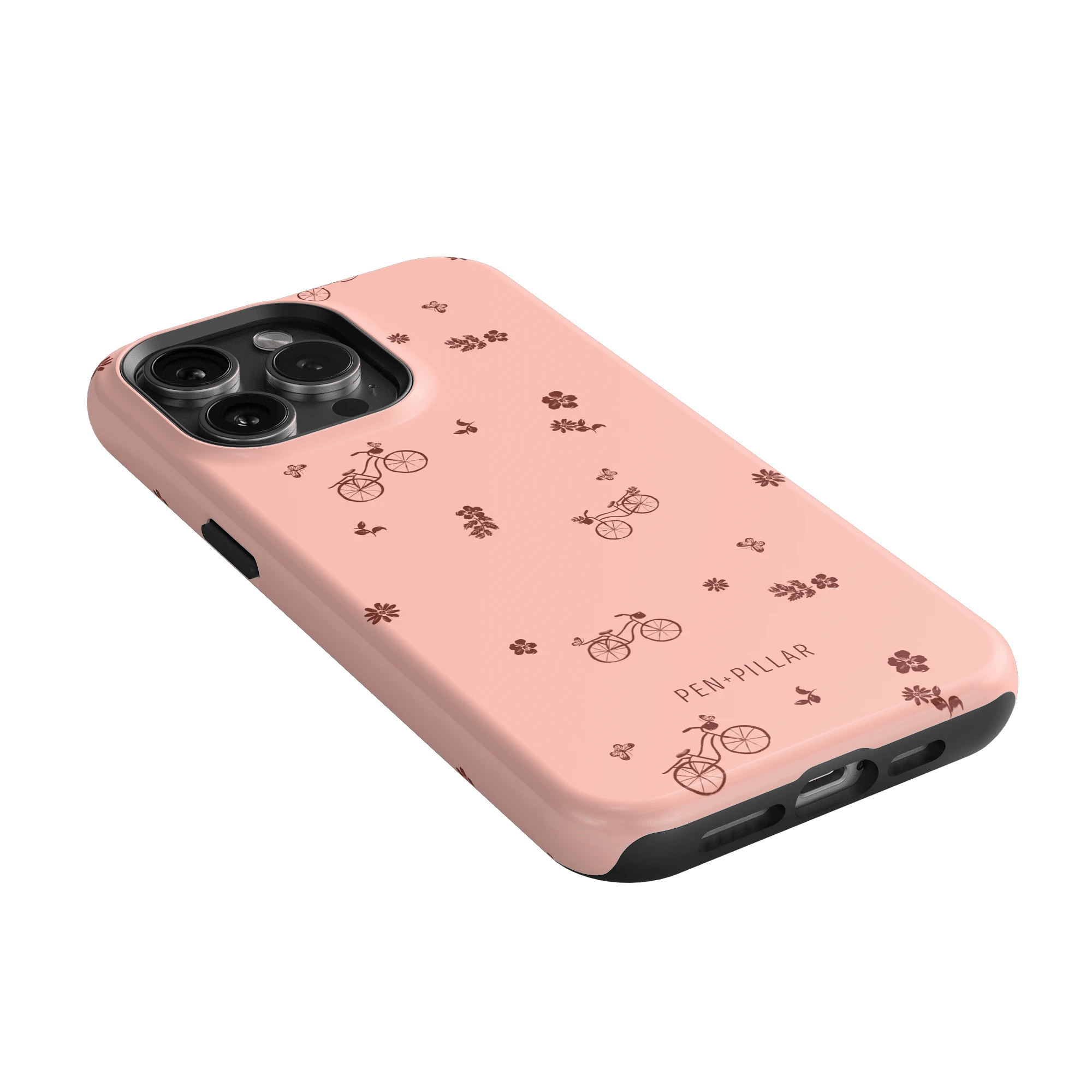 Bike Ride iPhone case in pink with bicycle and flower patterns, showcasing a sleek design and cutouts for buttons.