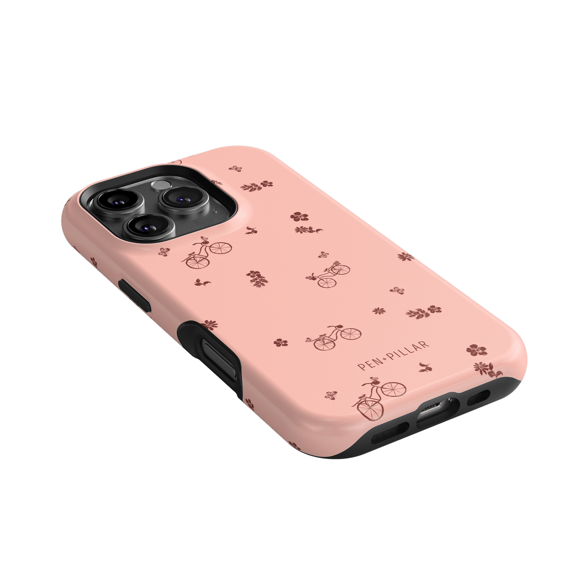Bike Ride iPhone case in pink with bicycle and flower patterns, featuring a snug fit and textured grip.