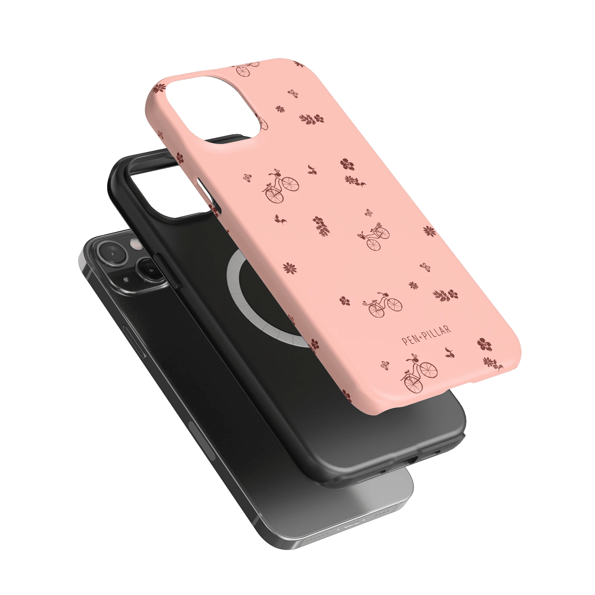 Bike Ride iPhone case featuring a pink design with bicycle and flower patterns on a black phone.