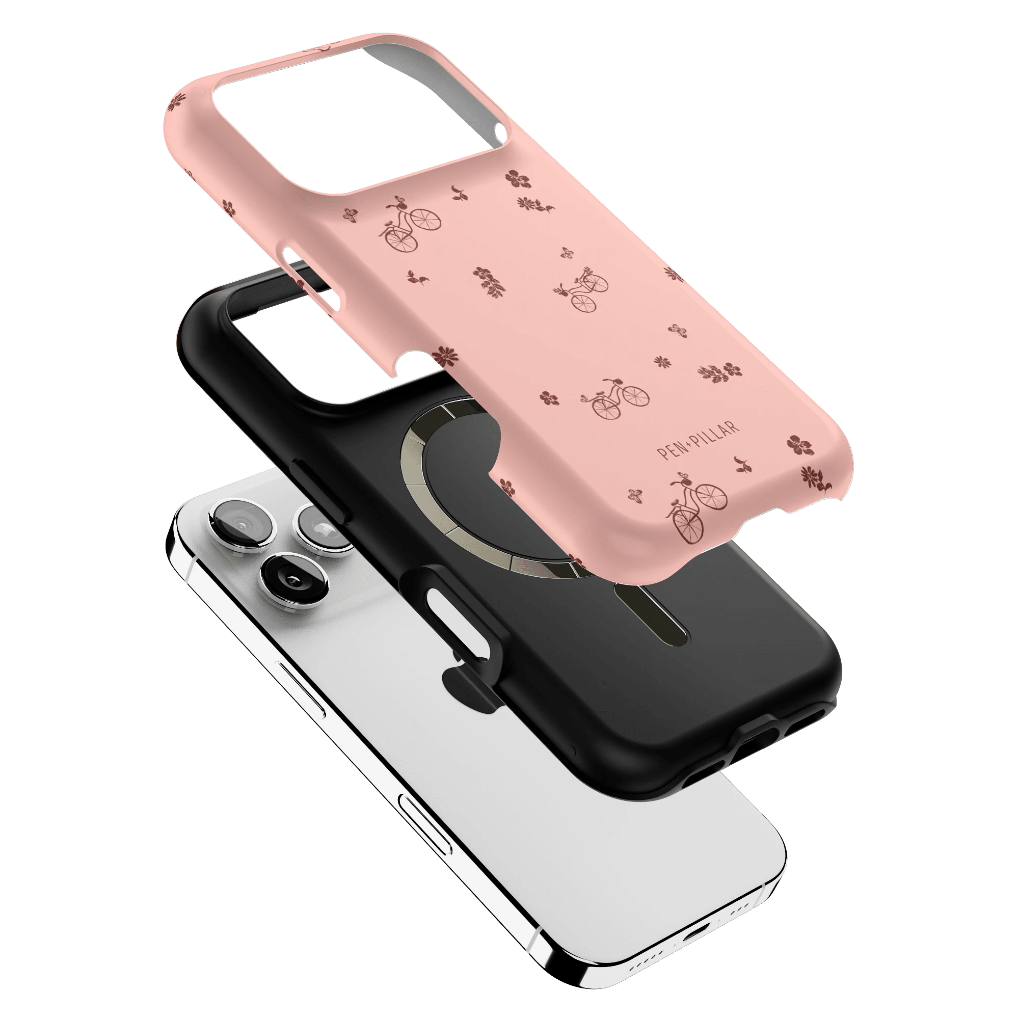 Bike Ride iPhone case featuring a pink design with bicycle illustrations, layered over a black and white case.