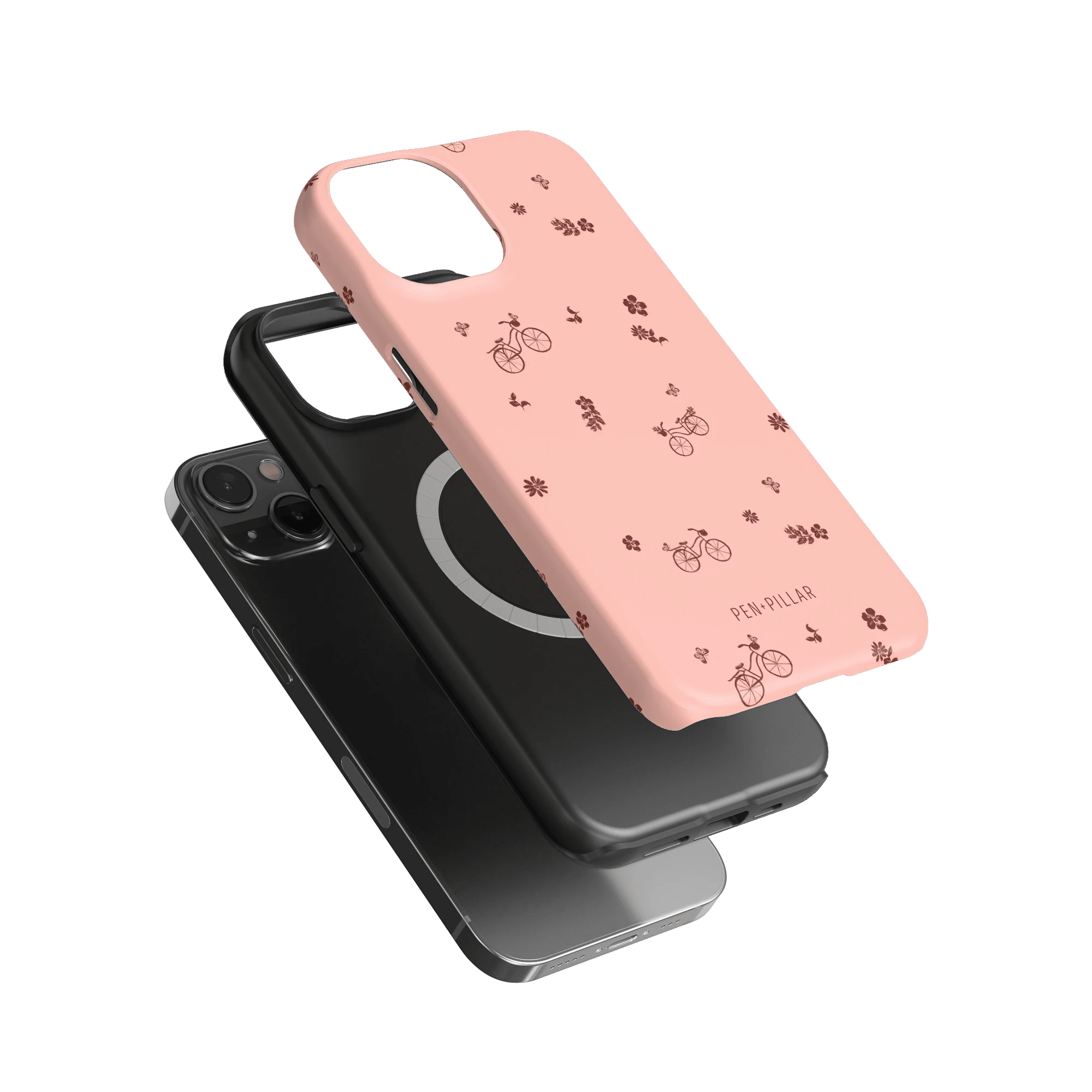 Bike Ride iPhone case featuring a pink design with bicycle and flower patterns, stacked on a black phone case.