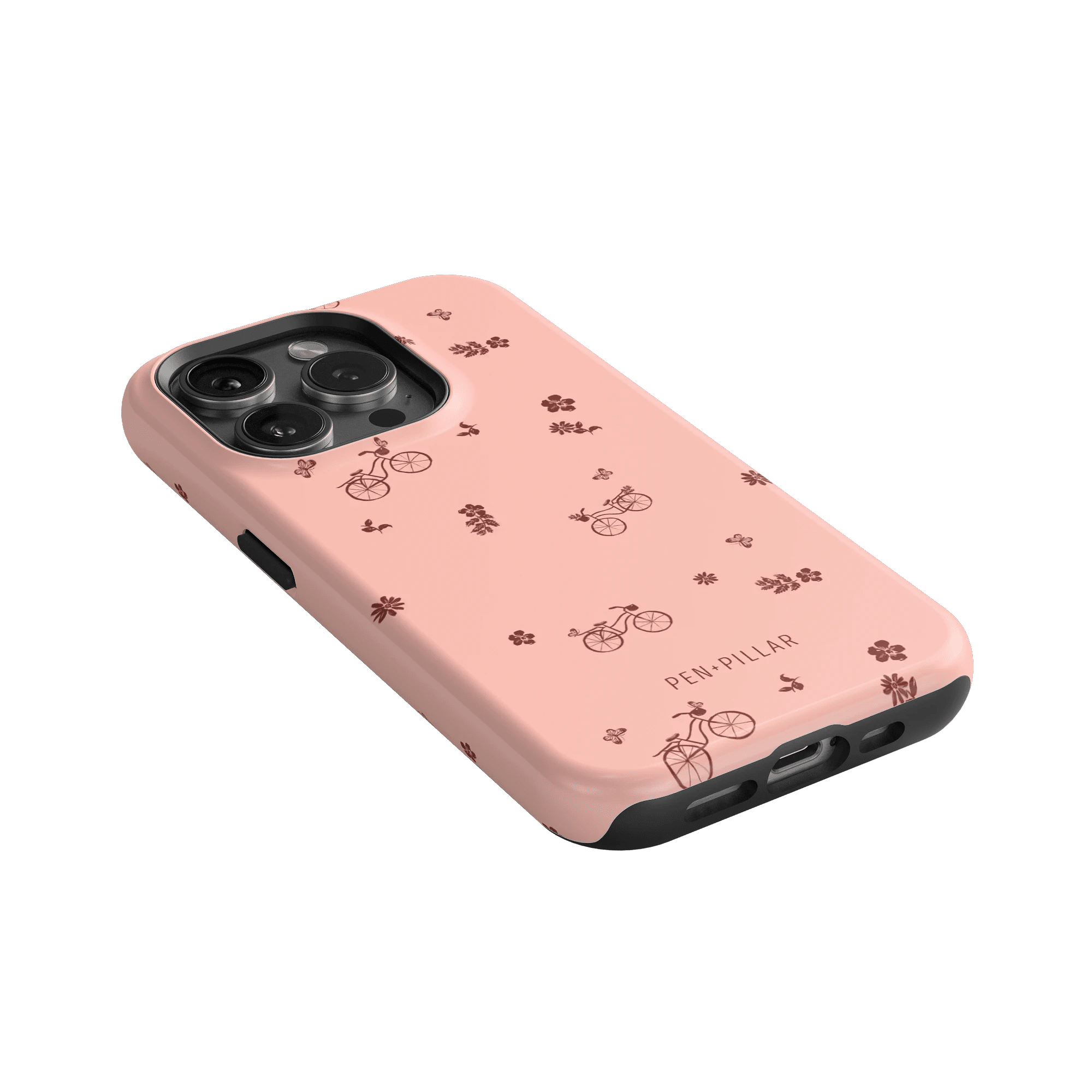 Bike Ride iPhone case in pink with bicycle and floral patterns, angled view showing camera cutout and buttons.