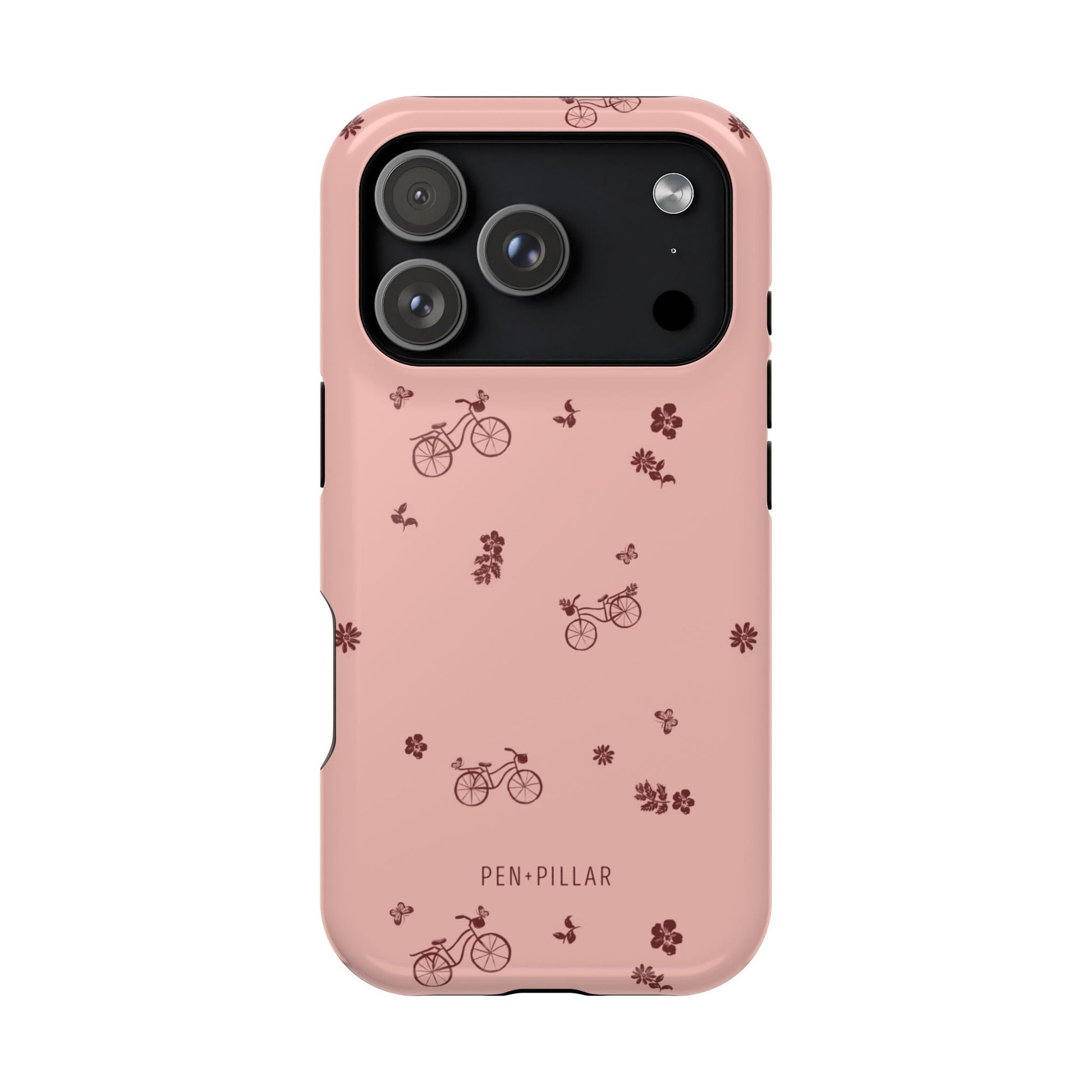 Bike Ride iPhone case in pink with bicycle and flower patterns, designed for iPhone models.