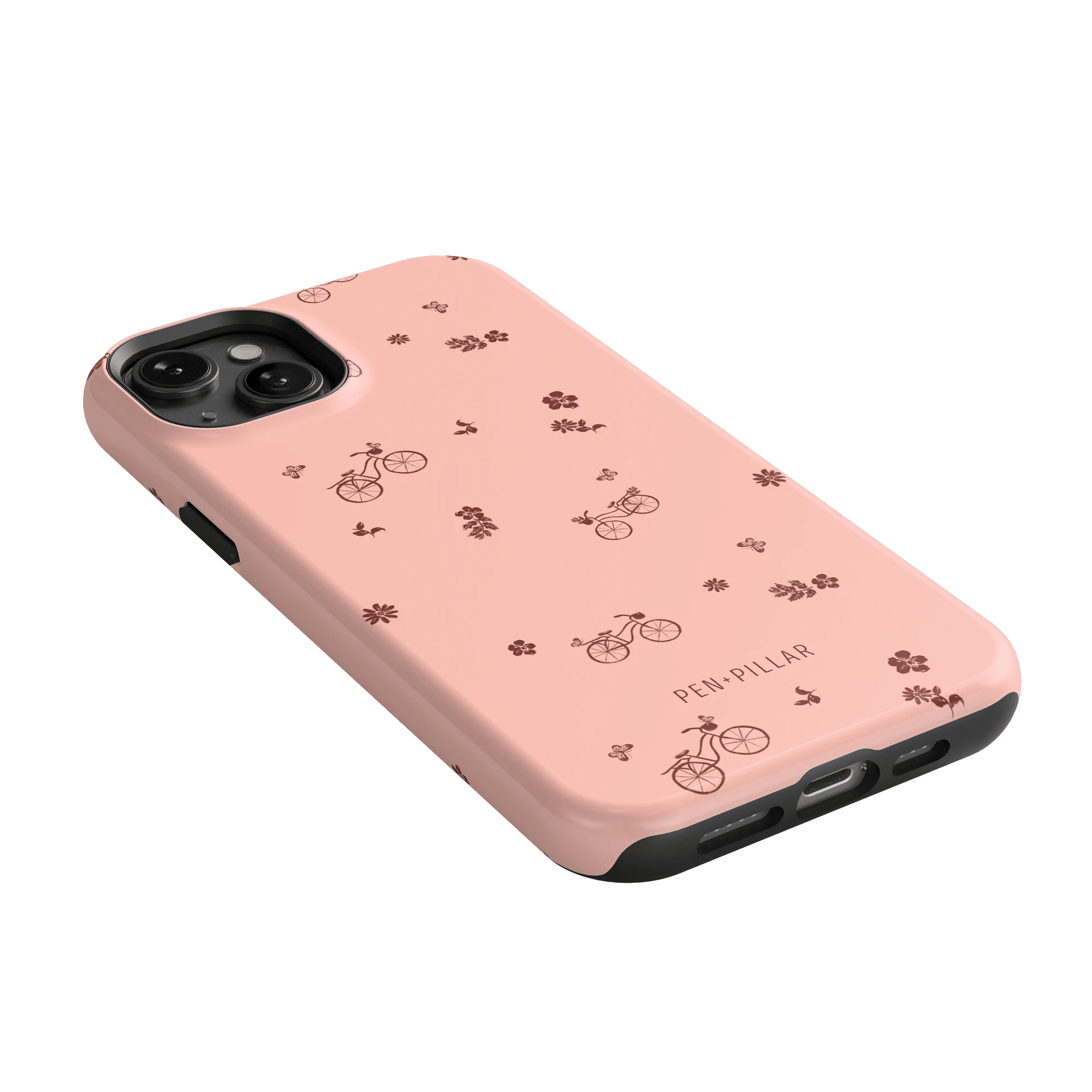 Bike Ride iPhone case in pink with bicycle and flower patterns, showcasing a sleek design and precise cutouts.