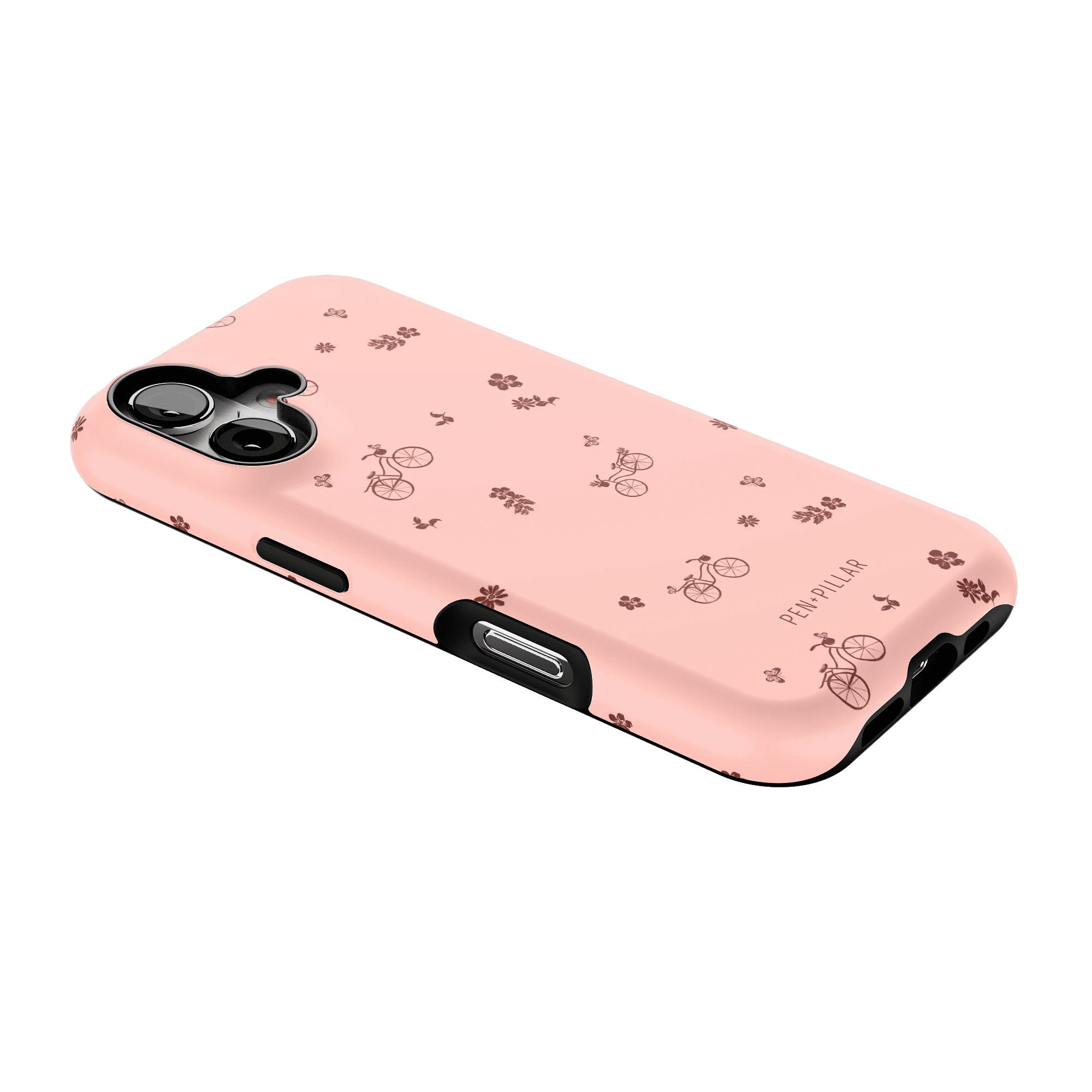 Bike Ride iPhone case in pink with bicycle and flower patterns, showcasing side view and button placements.