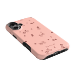 Bike Ride iPhone case in pink with bicycle and flower patterns, featuring a black edge and button cutouts.