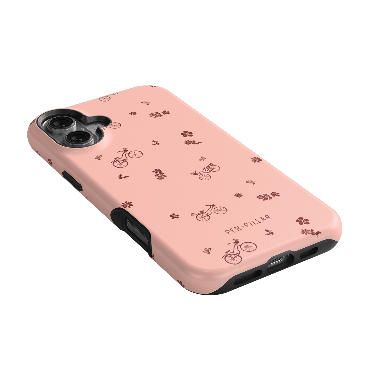 Bike Ride iPhone case in pink with bicycle and flower patterns, featuring a black edge and button cutouts.