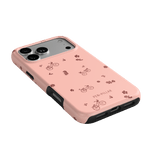 Bike Ride iPhone case in pink with bicycle and floral patterns, featuring cutouts for buttons and ports.