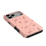 Bike Ride iPhone case in pink with bicycle and floral patterns, featuring cutouts for buttons and ports.