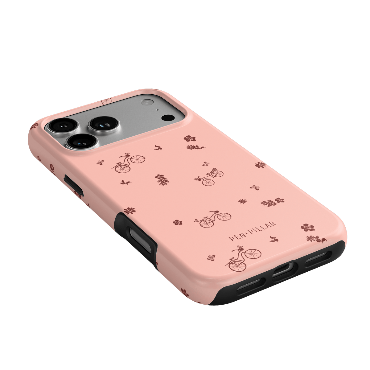 Bike Ride iPhone case in pink with bicycle and floral patterns, featuring cutouts for buttons and ports.