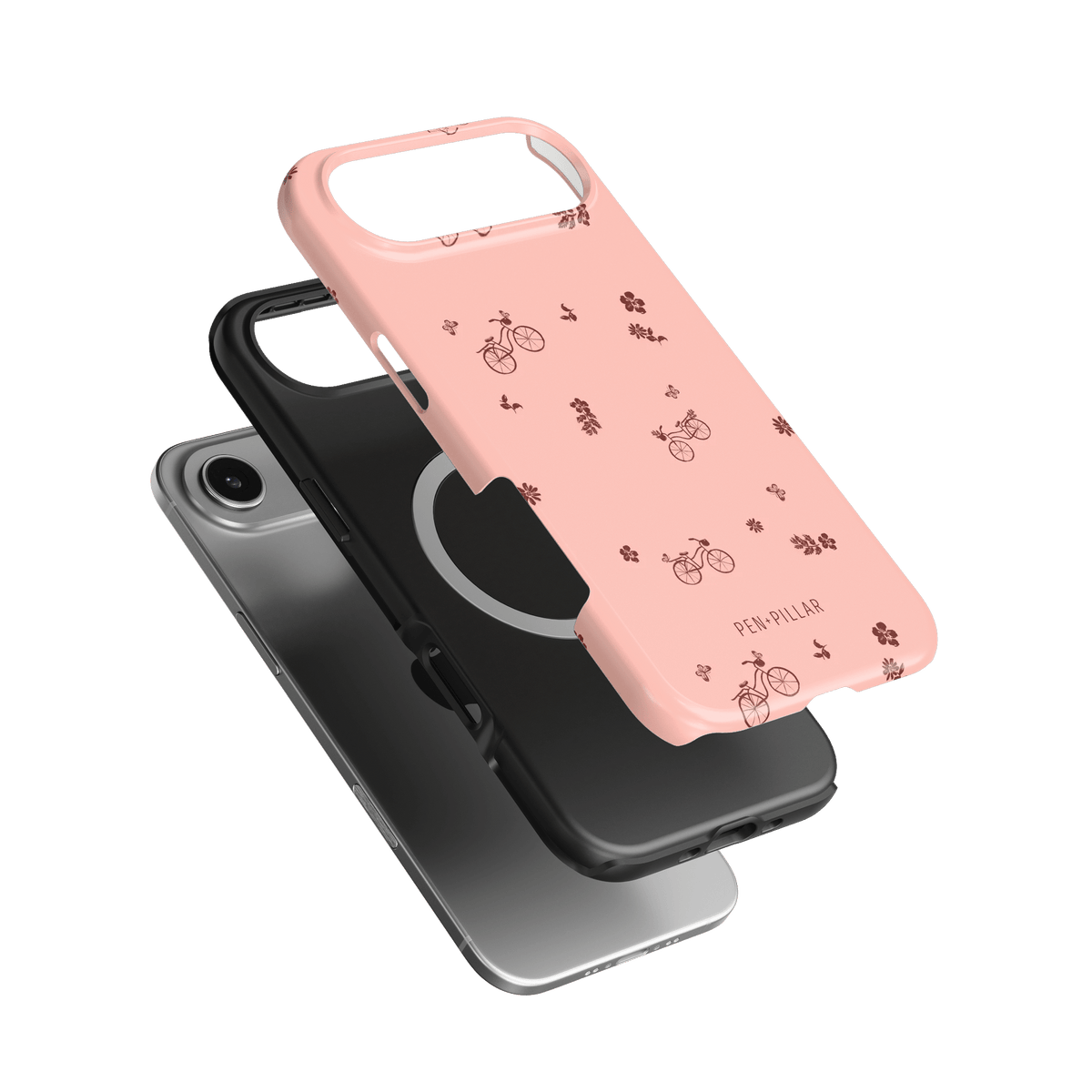 Bike Ride iPhone case featuring a pink design with bicycle graphics and a black protective layer underneath.