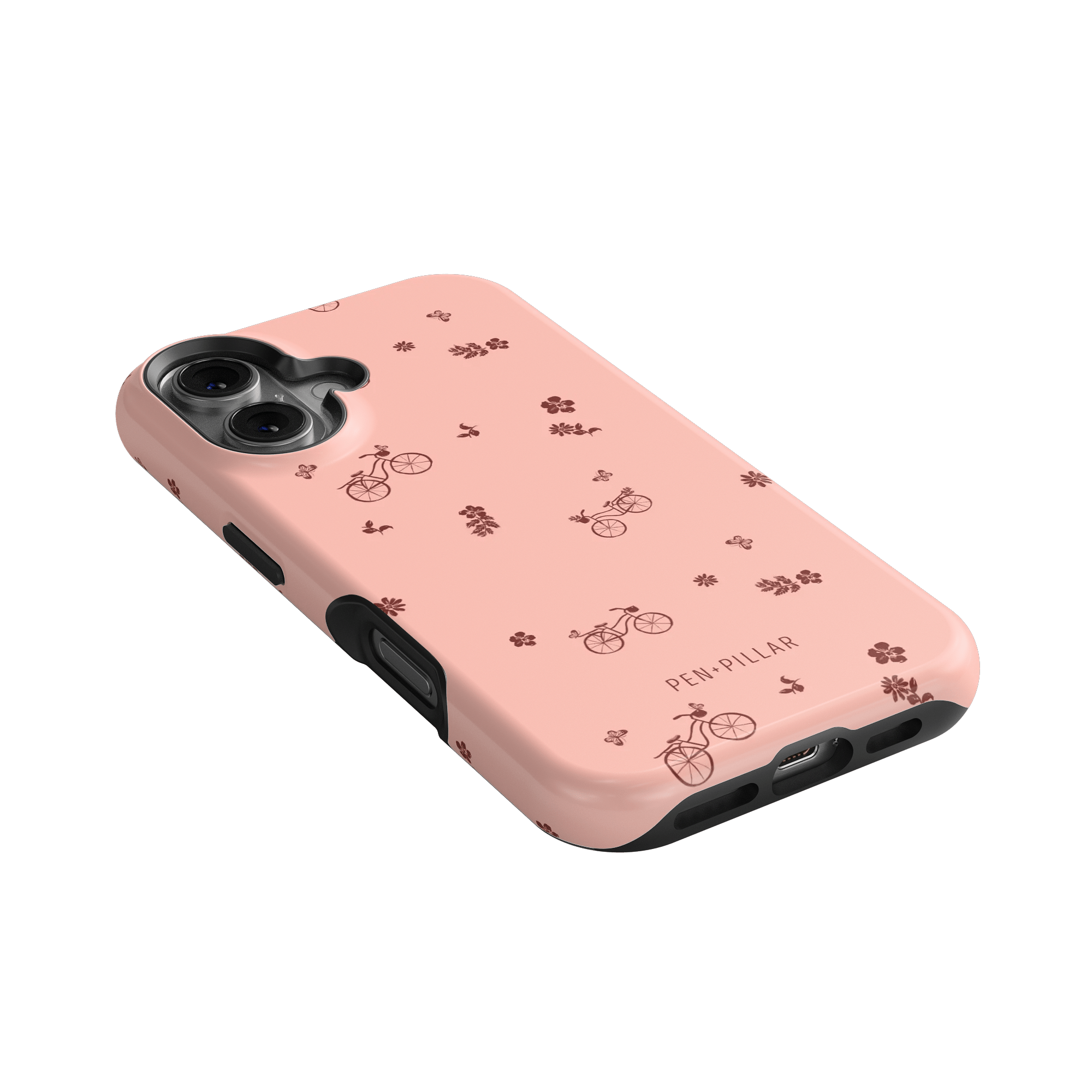 Bike Ride iPhone case in pink with bicycle and flower patterns, featuring a black edge and cutouts for buttons.
