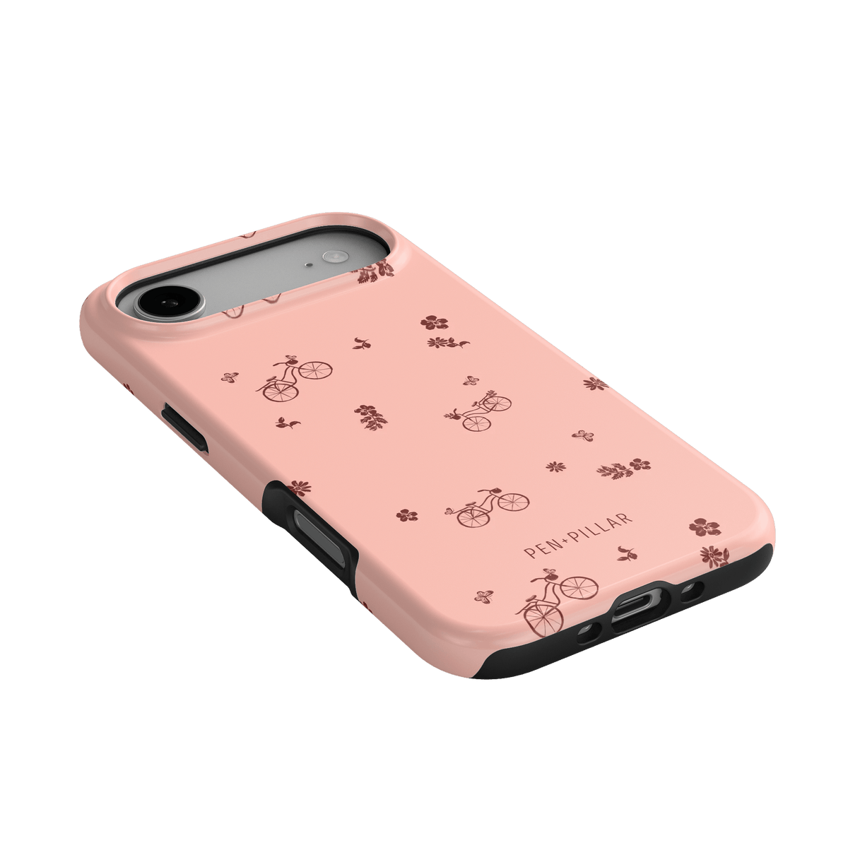 Bike Ride iPhone case featuring a pink background with bicycle and flower illustrations, showing a side angle view.