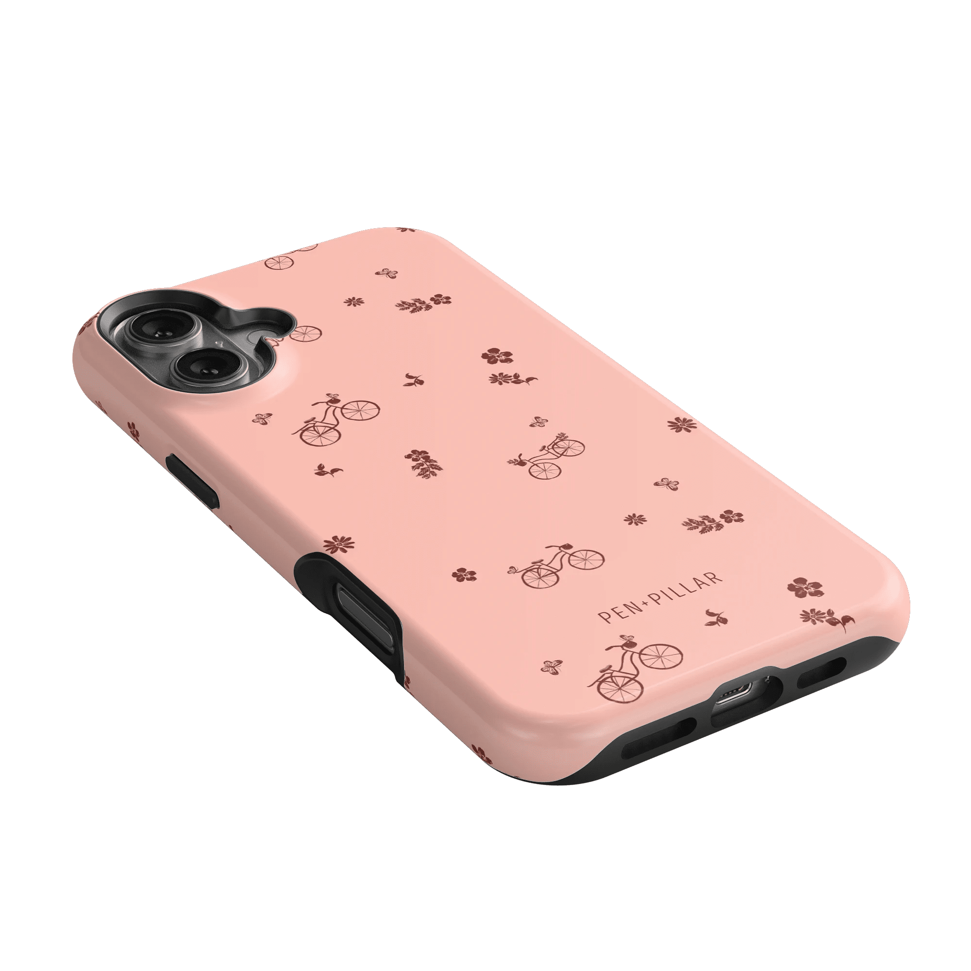 Bike Ride iPhone case in pink with bicycle and flower patterns, featuring a black edge and cutouts for buttons.