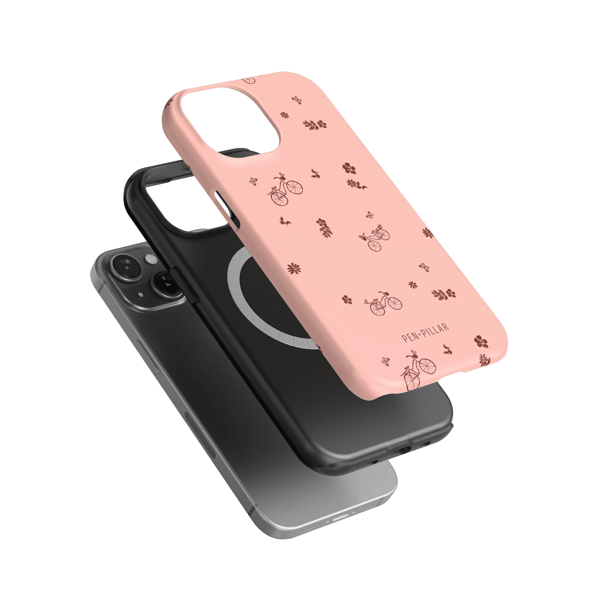 Bike Ride iPhone case featuring a pink design with bicycle and flower patterns, layered over a black case.