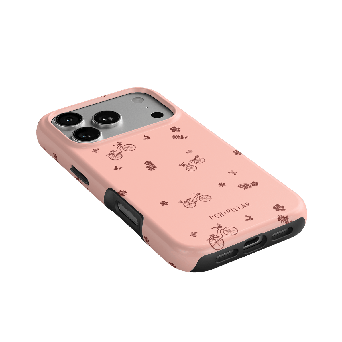 Bike Ride iPhone case in pink with bicycle and flower patterns, featuring a black edge for added protection.