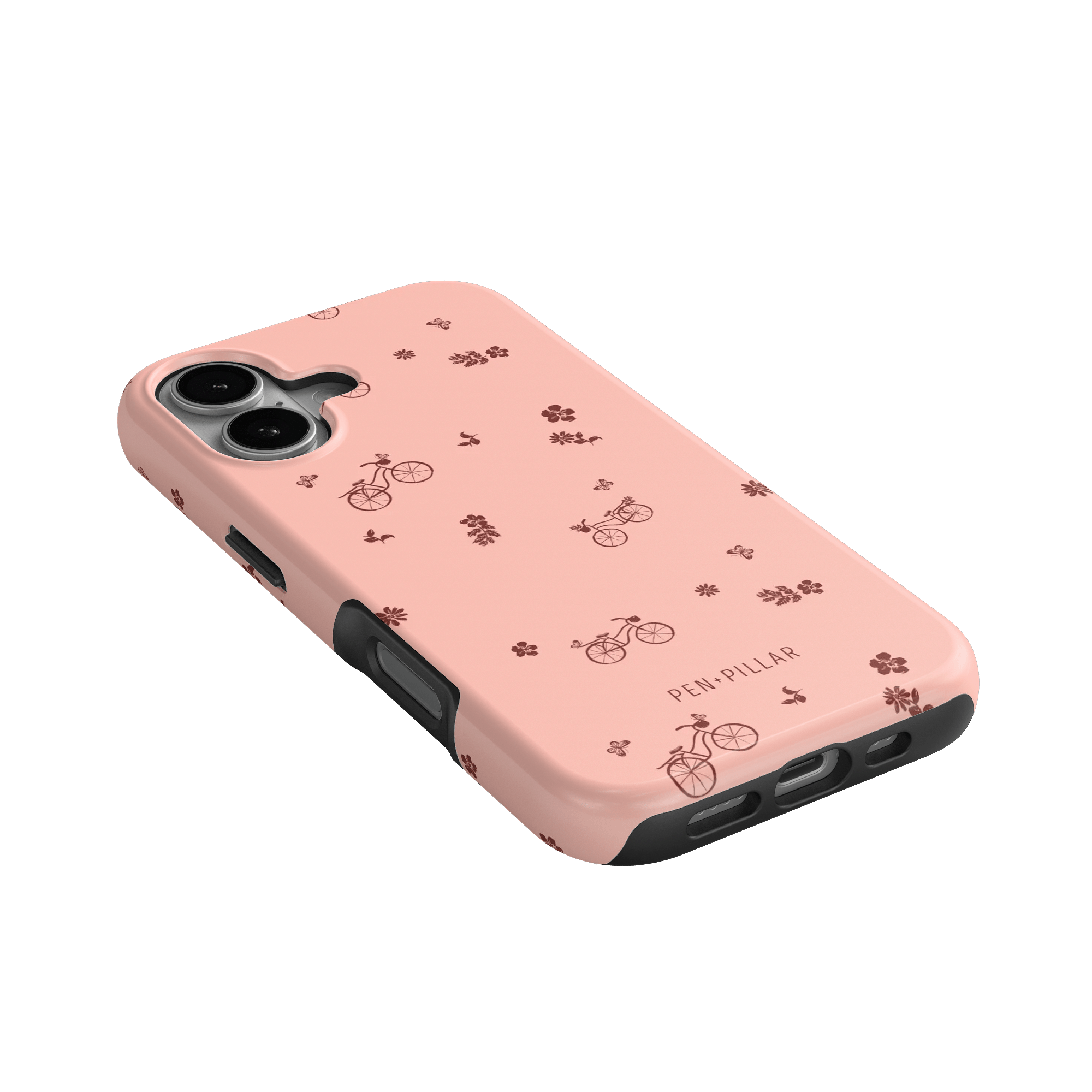 Bike Ride iPhone case in pink with bicycle and floral patterns, featuring cutouts for camera and ports.