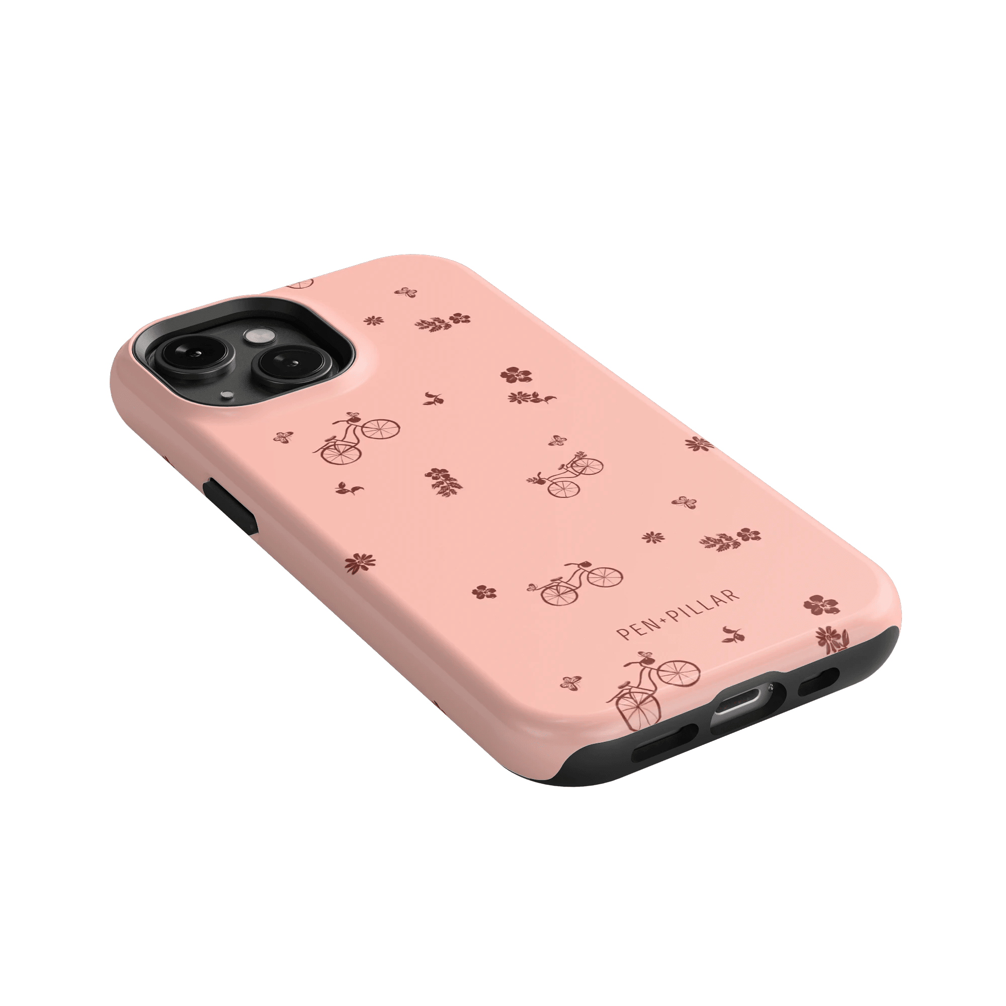 Bike Ride iPhone case in pink with bicycle and flower patterns, angled view showcasing the design and camera cutout.