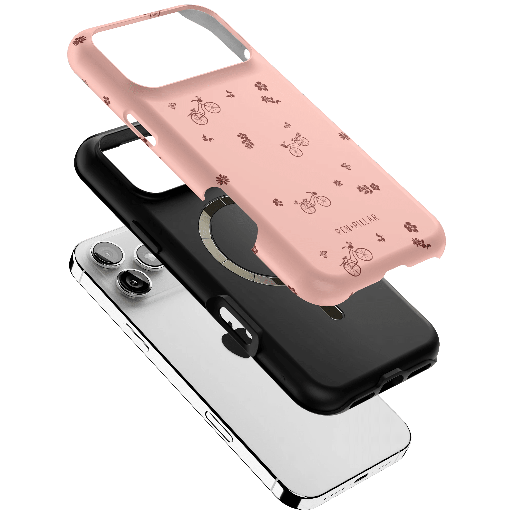 Bike Ride iPhone case featuring a pink design with bicycle graphics, layered over a black and white case.