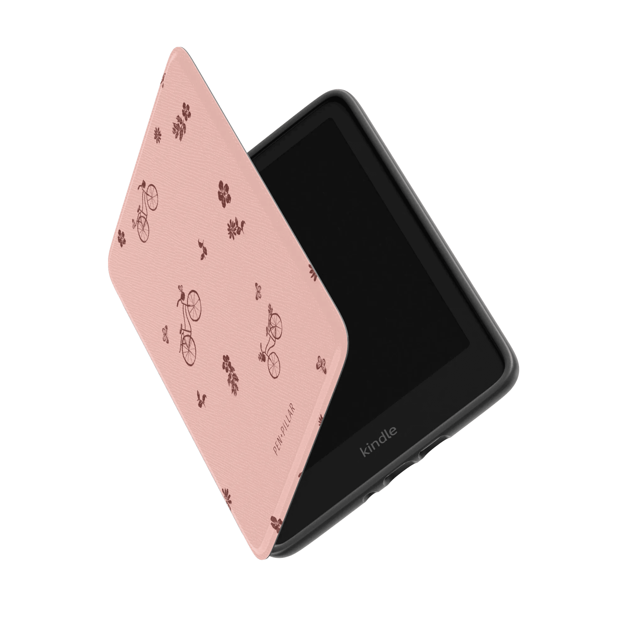 Pink Kindle case with bicycle and flower patterns, partially open to show the device inside.